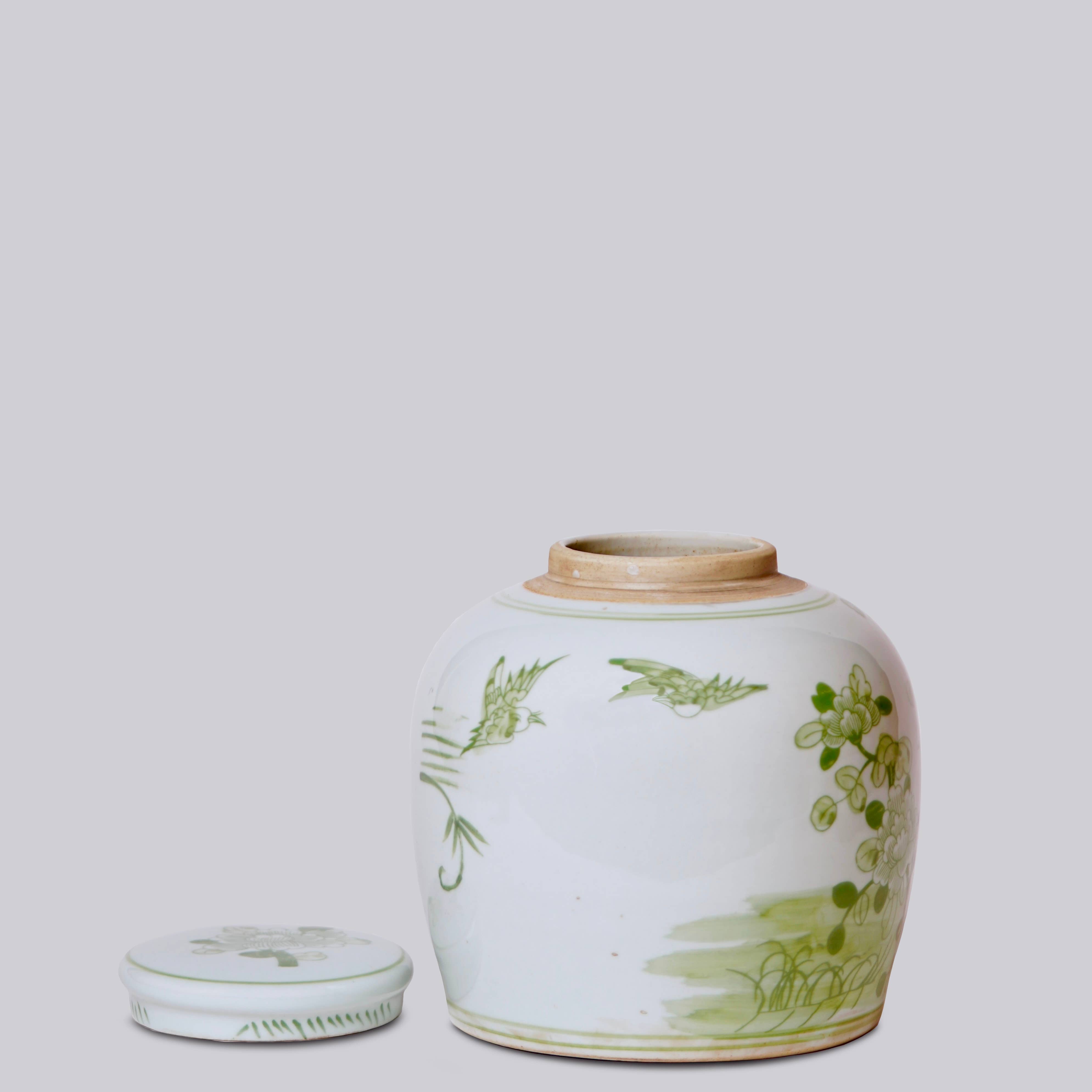 Bird & Flower Green and White Porcelain Jar