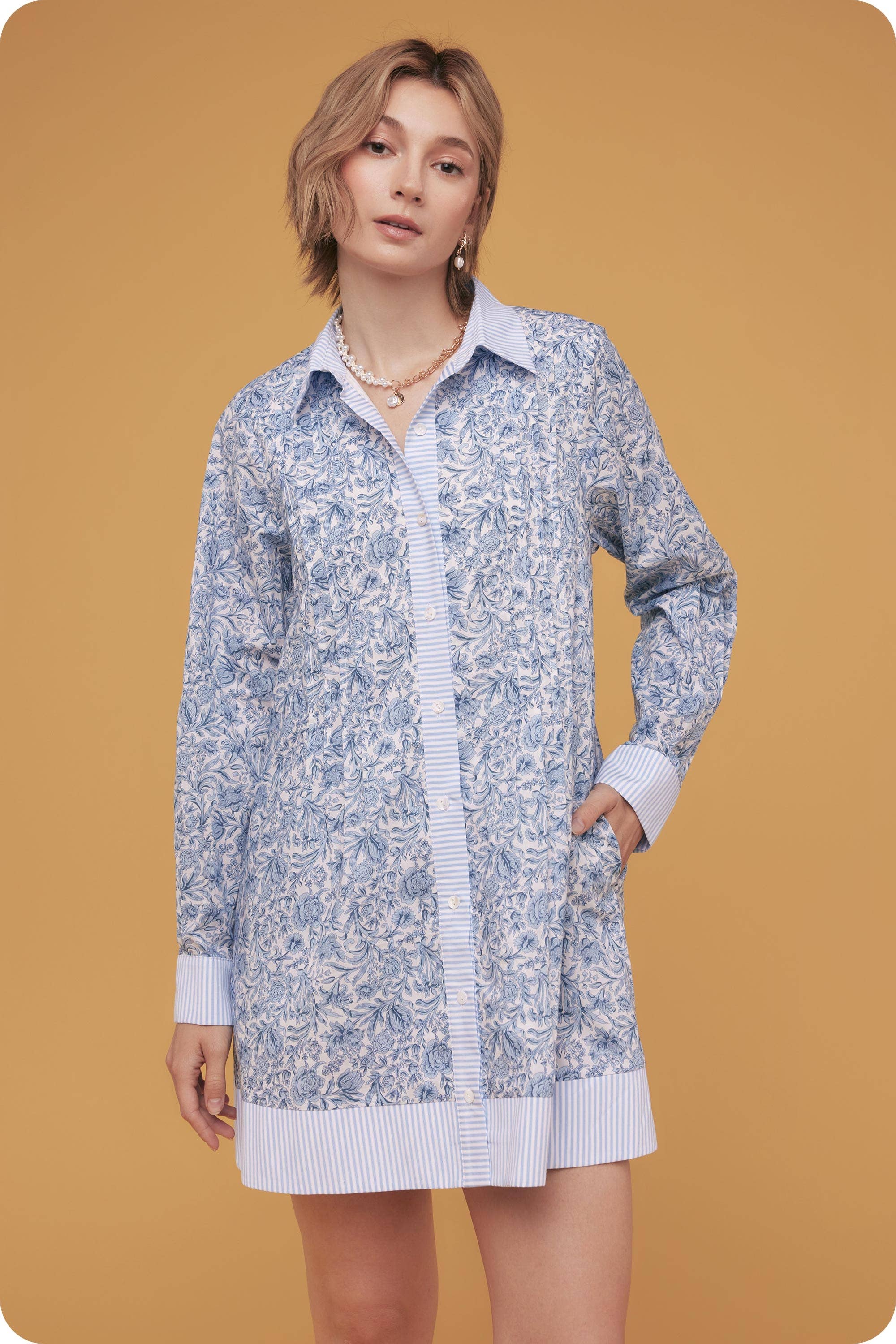 Floral Print Stripe Contrast Shirt Mini Dress