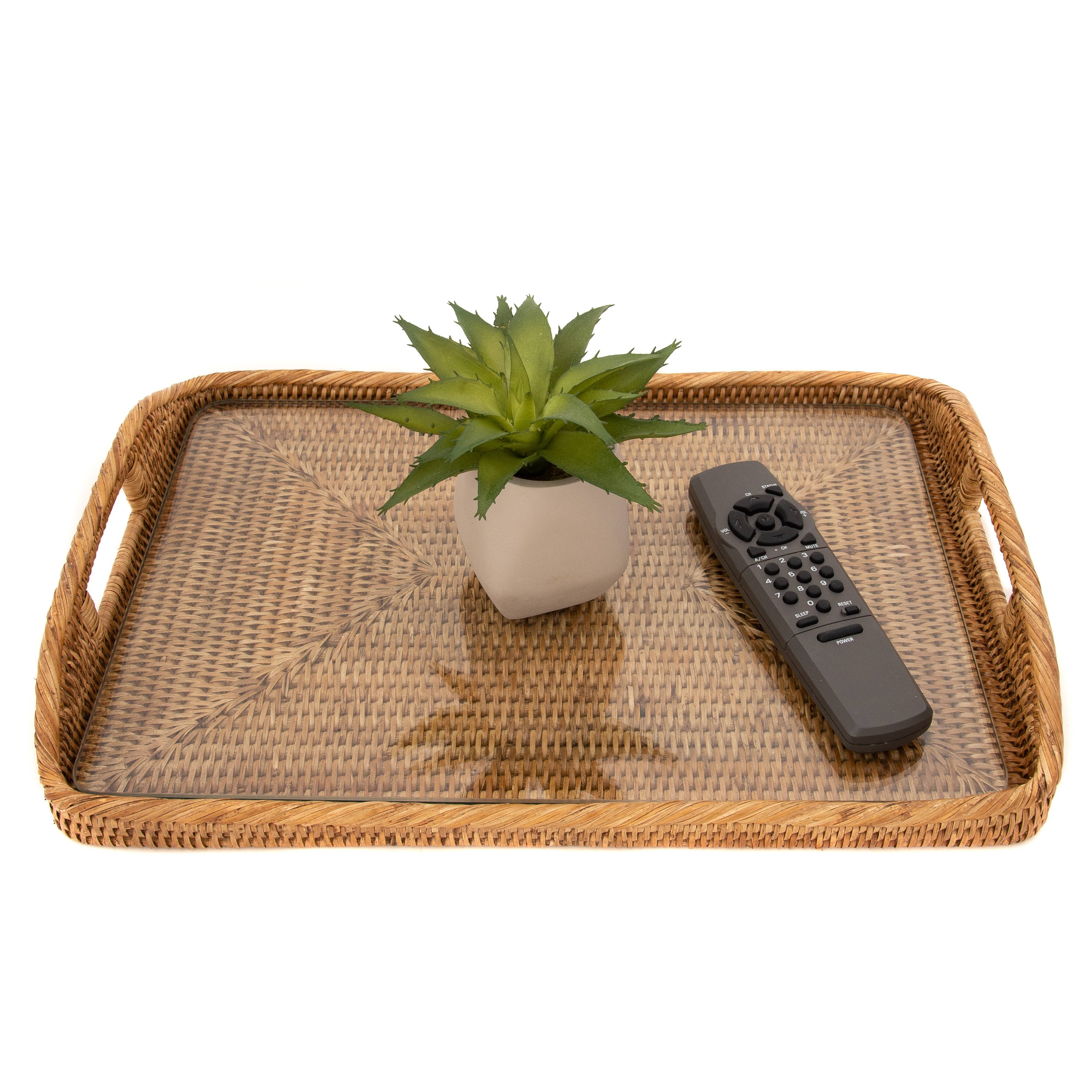 Rattan Rectangular Serving Tray with Glass Insert