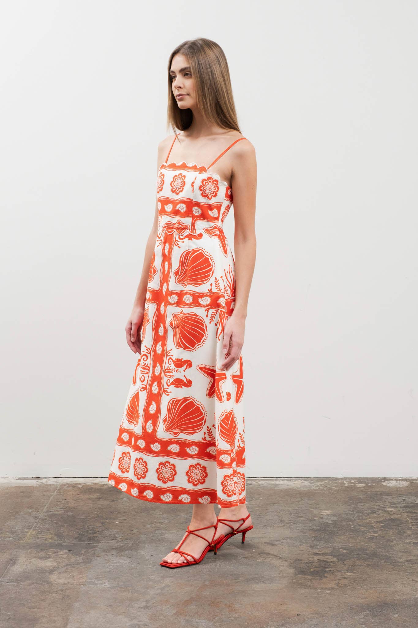 SEA PRINT SCALLOP DETAIL MIDI DRESS
