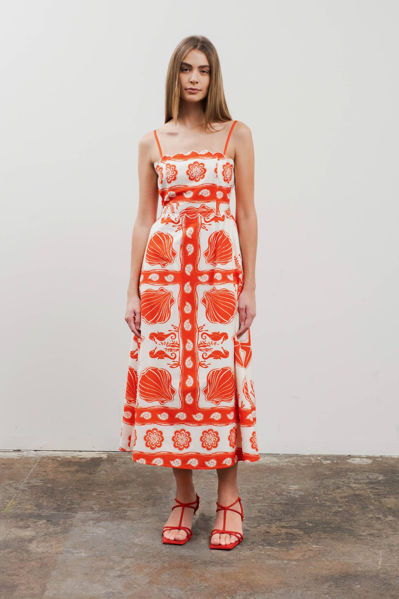 SEA PRINT SCALLOP DETAIL MIDI DRESS