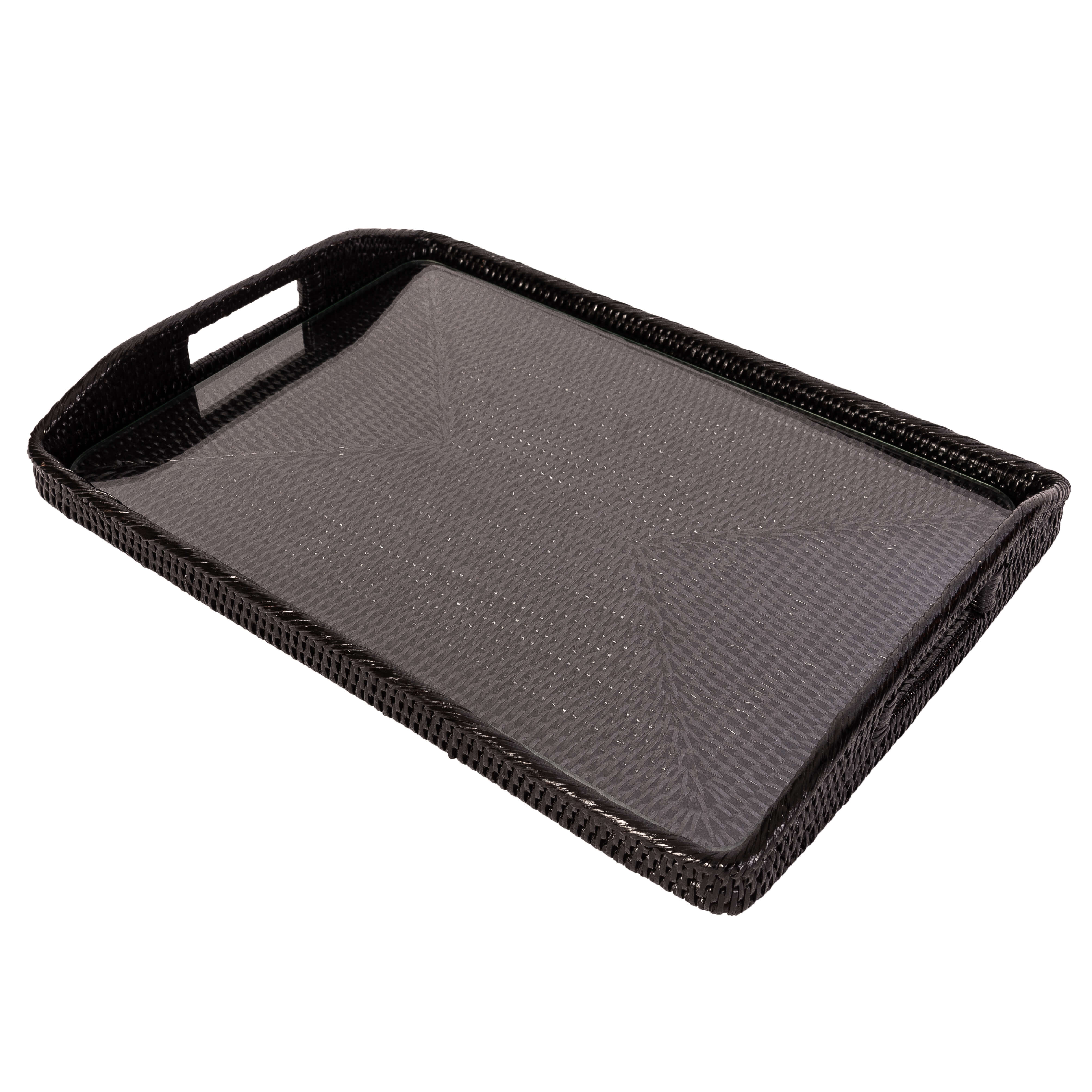 Rattan Rectangular Serving Tray with Glass Insert