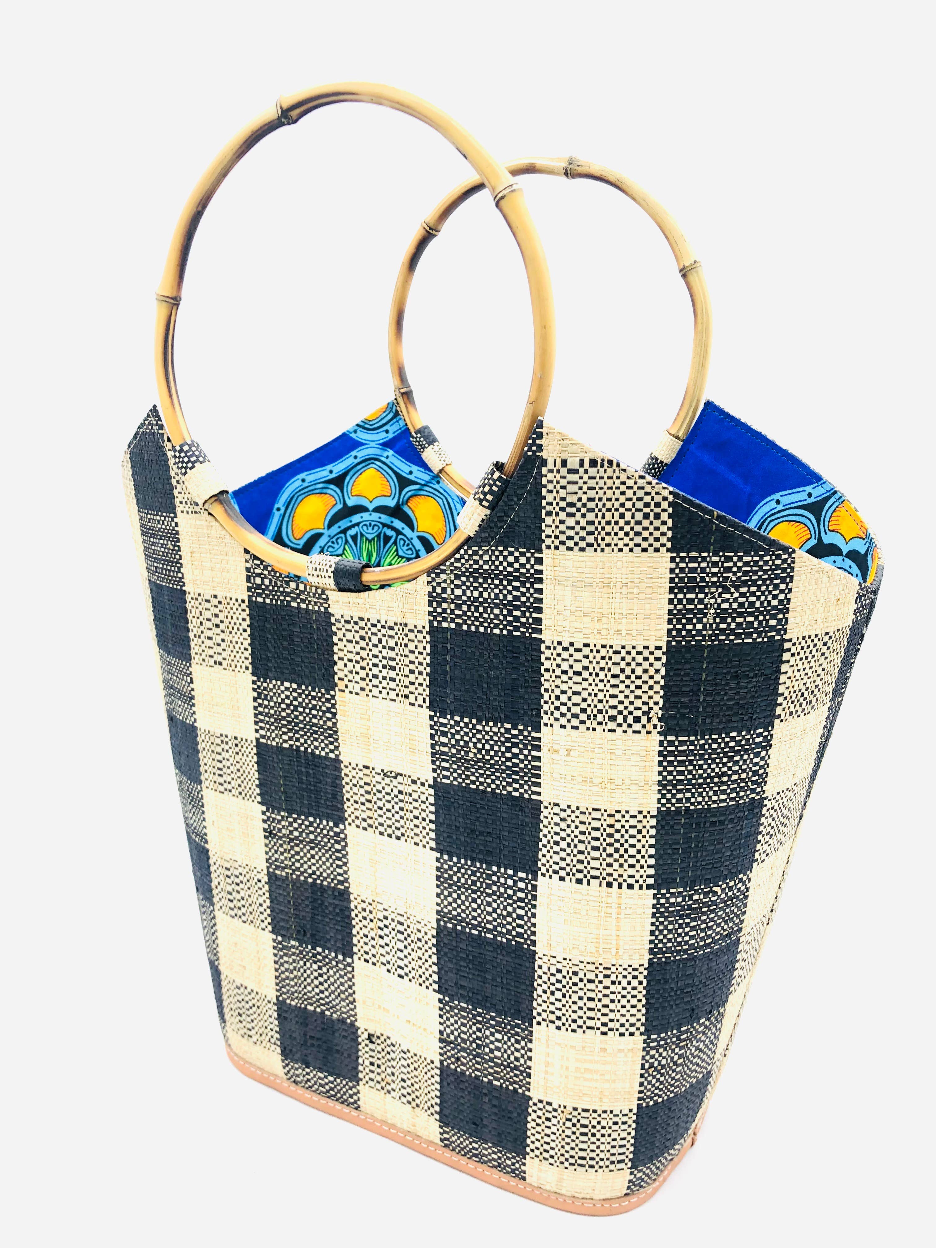 Carmen Gingham Straw Bucket Bag with Bamboo Handles