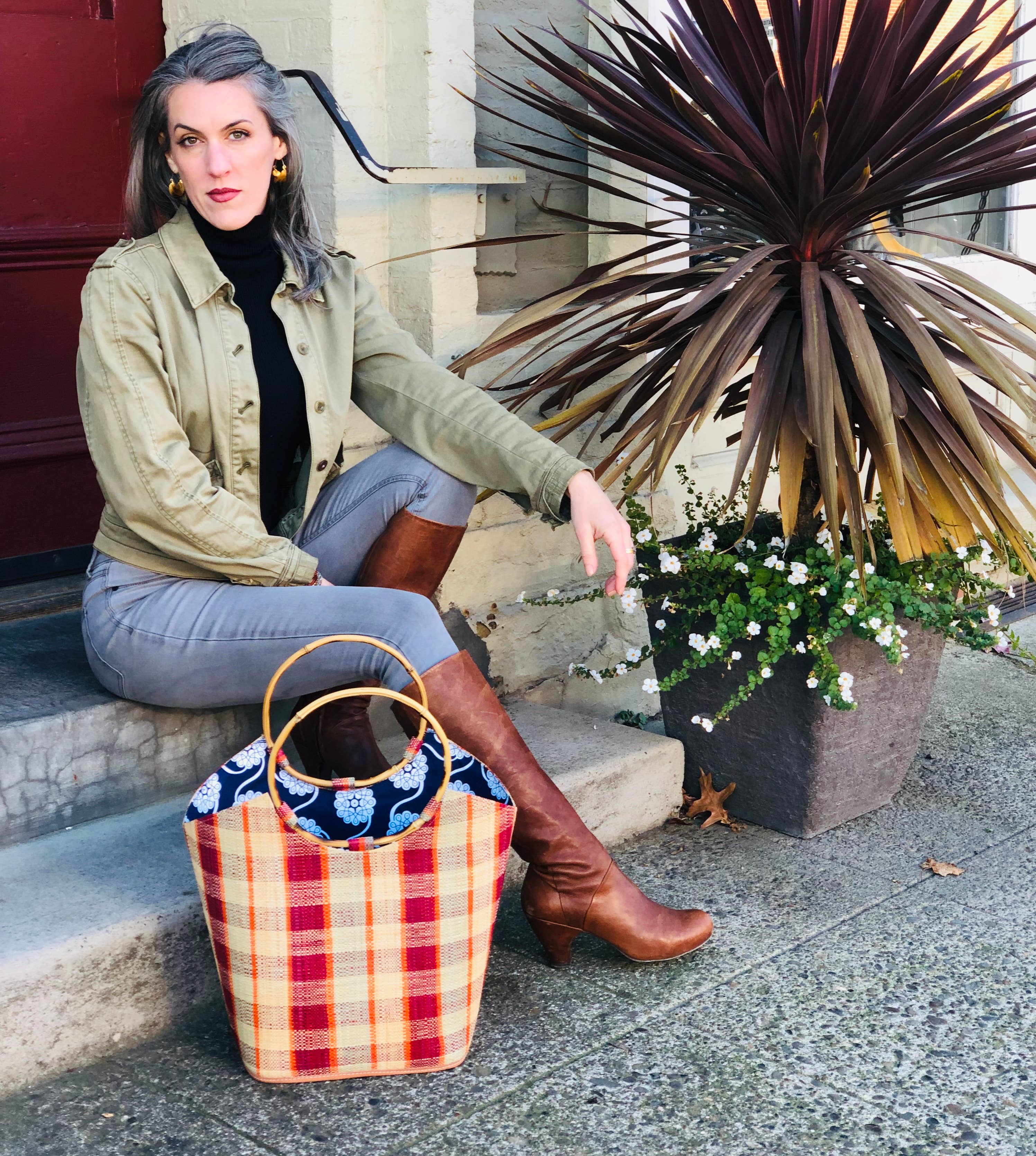 Carmen Gingham Straw Bucket Bag with Bamboo Handles