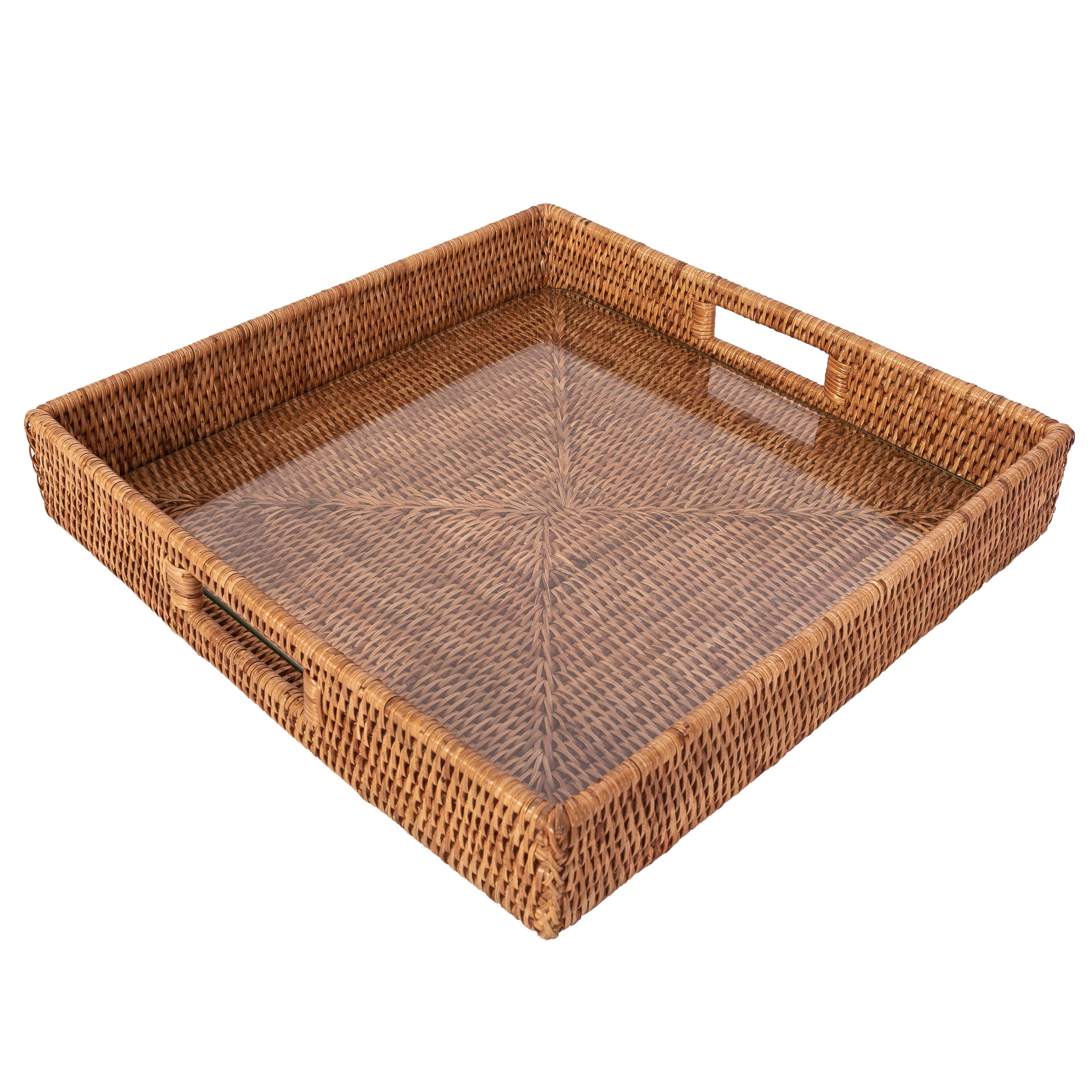 Rattan Square Serving Tray with Glass Insert