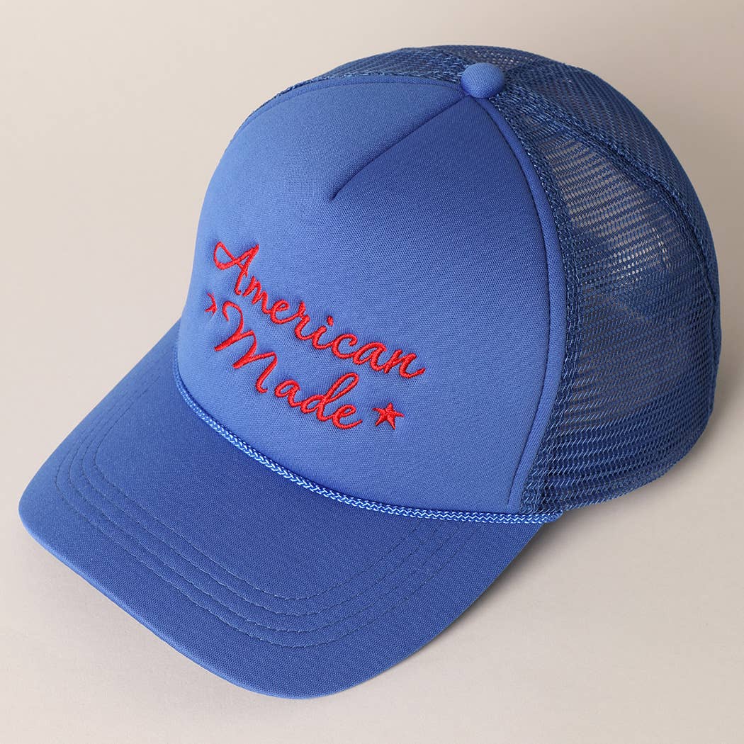 American Made Embroidery Mesh Back Trucker Hat- Blue