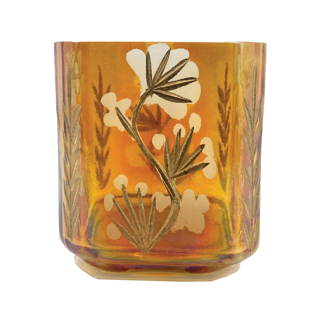 Iridescent Amber Etched Glass Tealight/Votive Holder