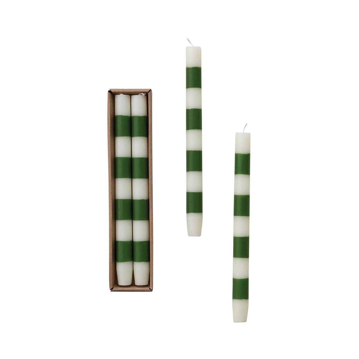Unscented Taper Candles with Stripes in Box & Green, Set of 2