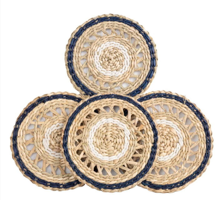 NATURAL/NAVY SEAGRASS 4" ROUND COASTERS (SET OF FOUR)
