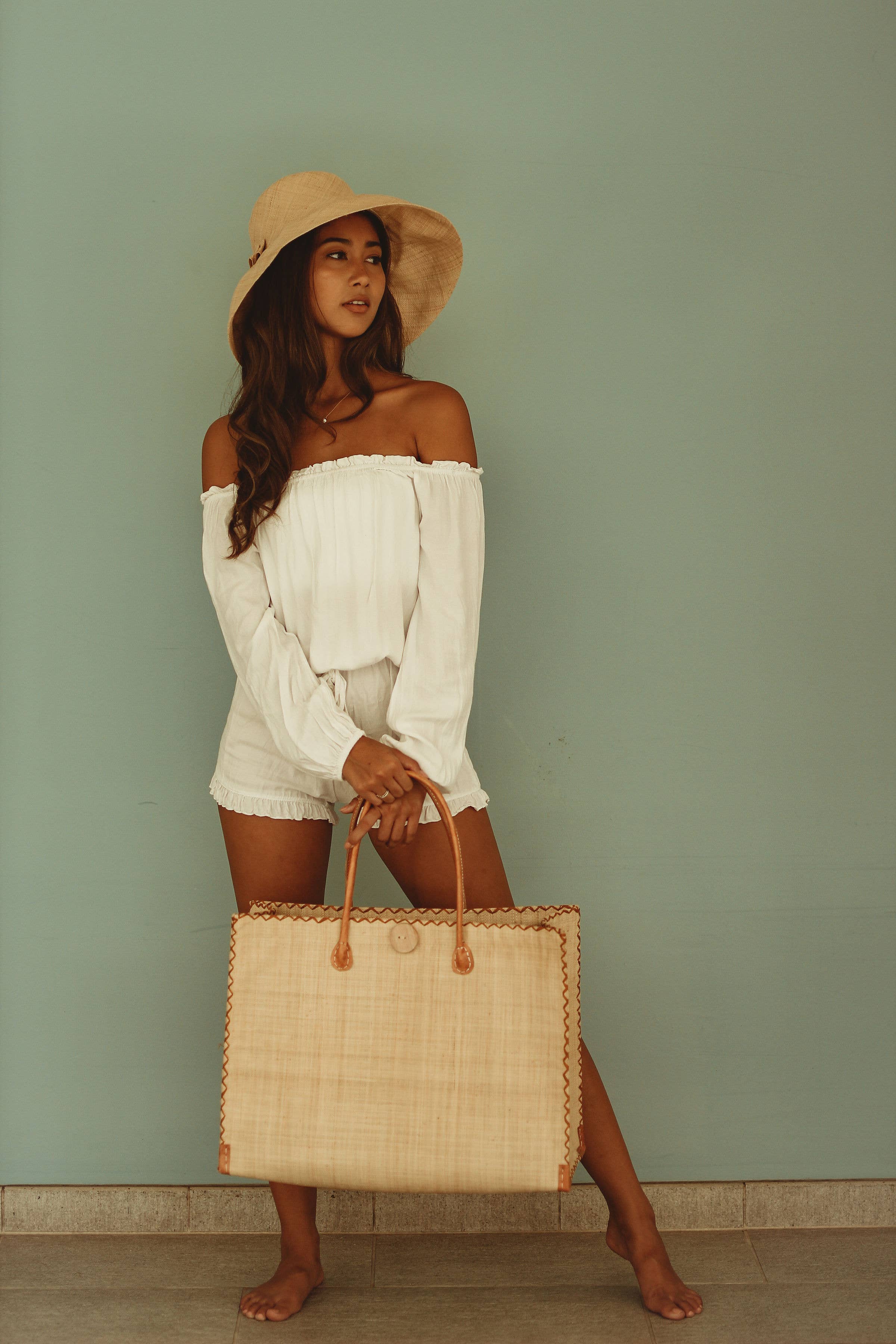 Zafran Solid Straw Beach Bag with Plastic Liner - 2 Sizes