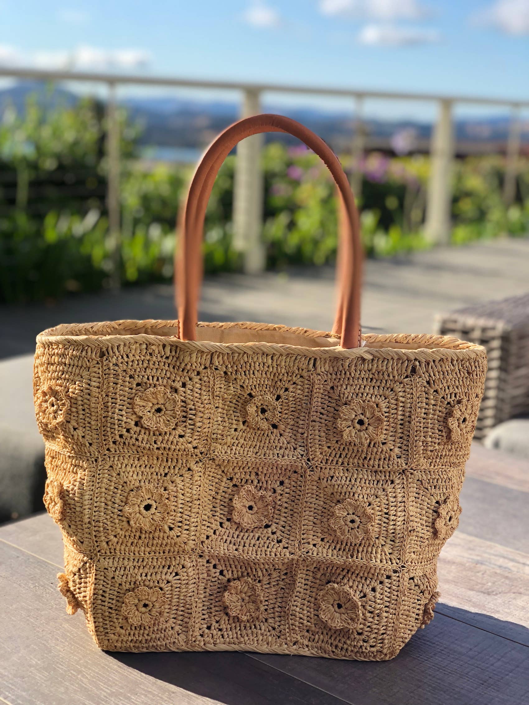 Flower Power Crochet Straw Basket Bag