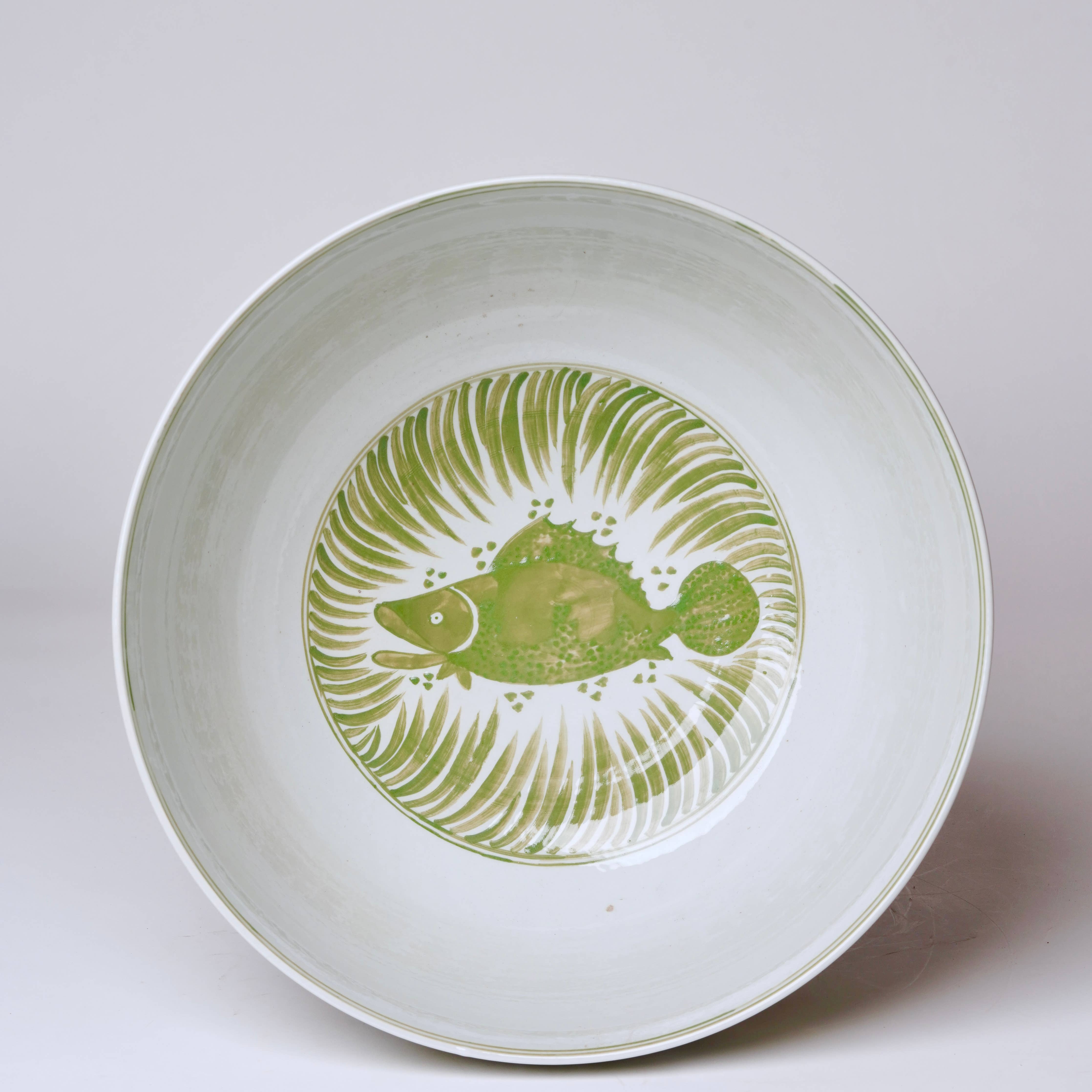 Green and White Porcelain Fish and Lotus Large Bowl