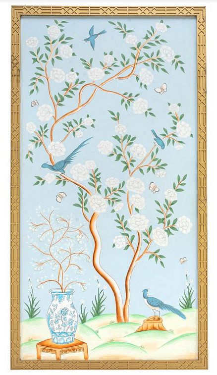 PALE BLUE HAND PAINTED CHINOISERIE MURAL PANEL