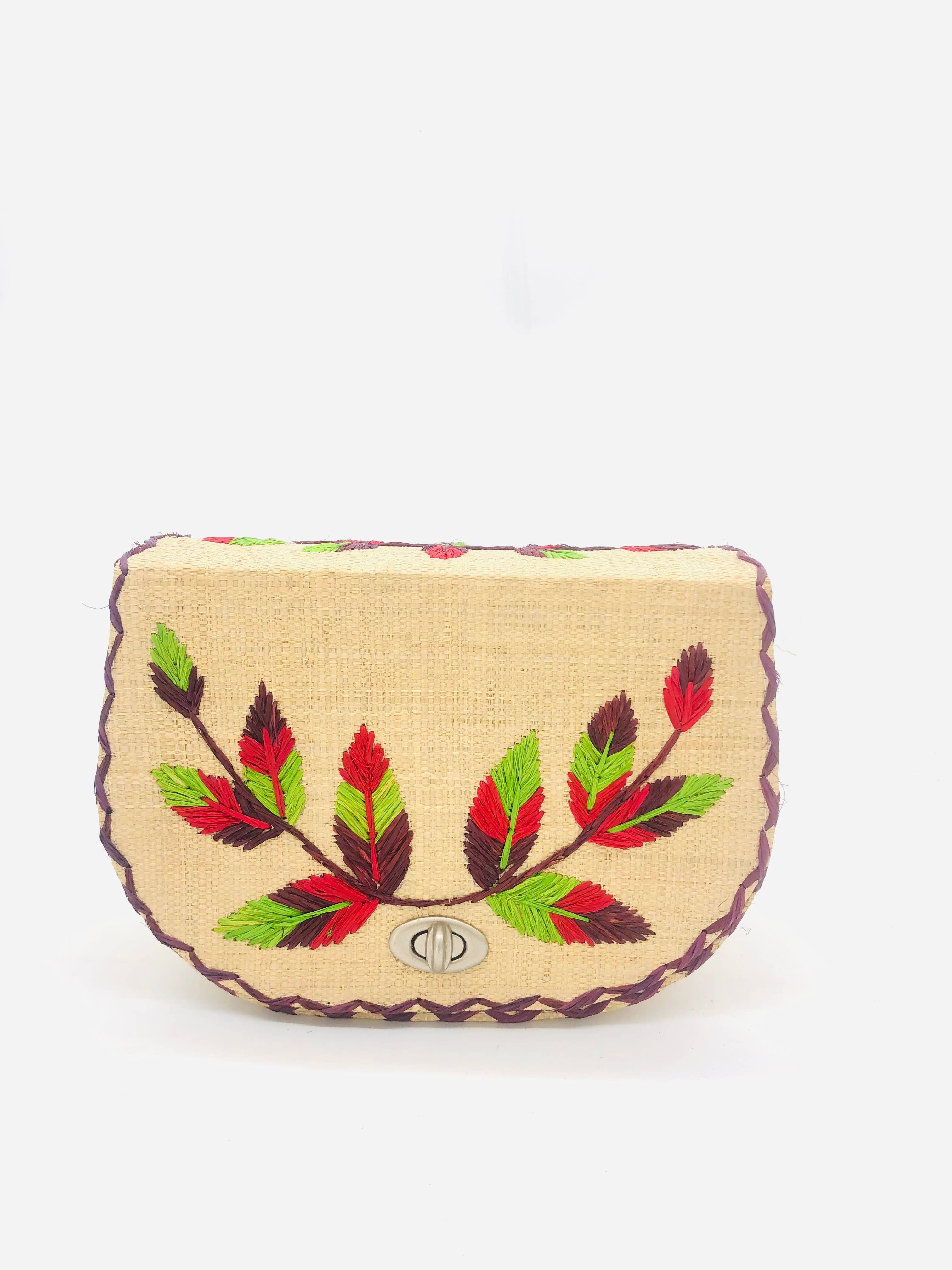 70's Embroidered Vines Straw Crossbody Bag