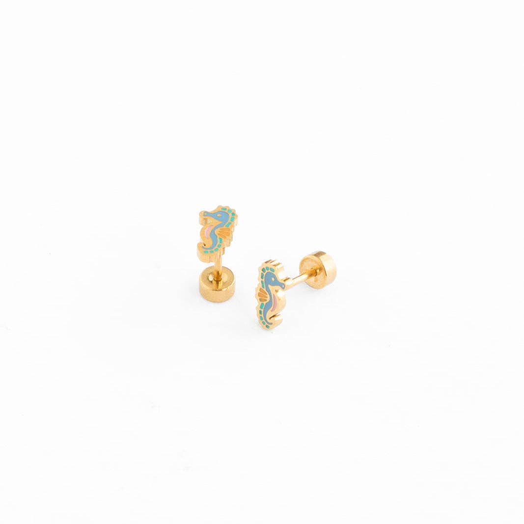 Seahorse Stud Earrings - Hypoallergenic, Flat Back, Girl