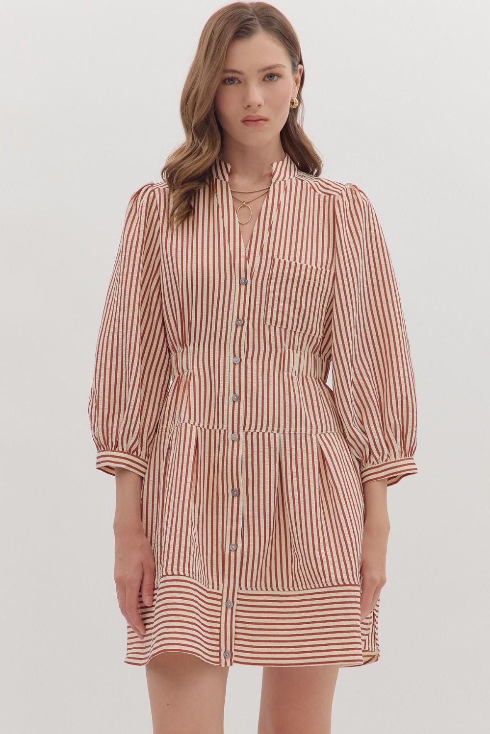 Brown and White Striped Long Sleeve Dress