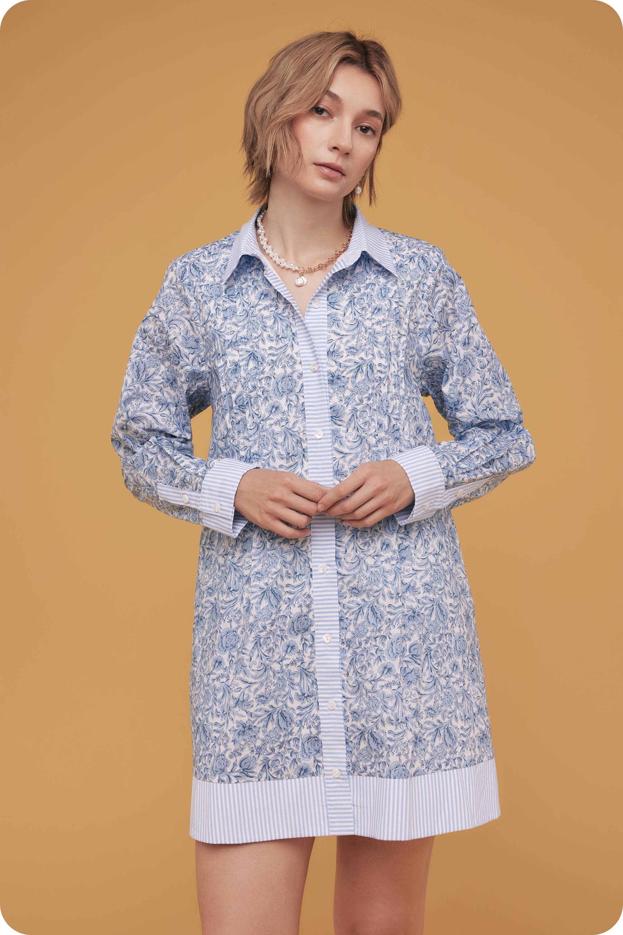 Floral Print Stripe Contrast Shirt Mini Dress