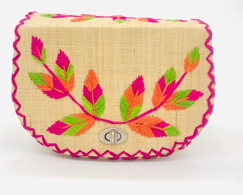 70's Embroidered Vines Straw Crossbody Bag
