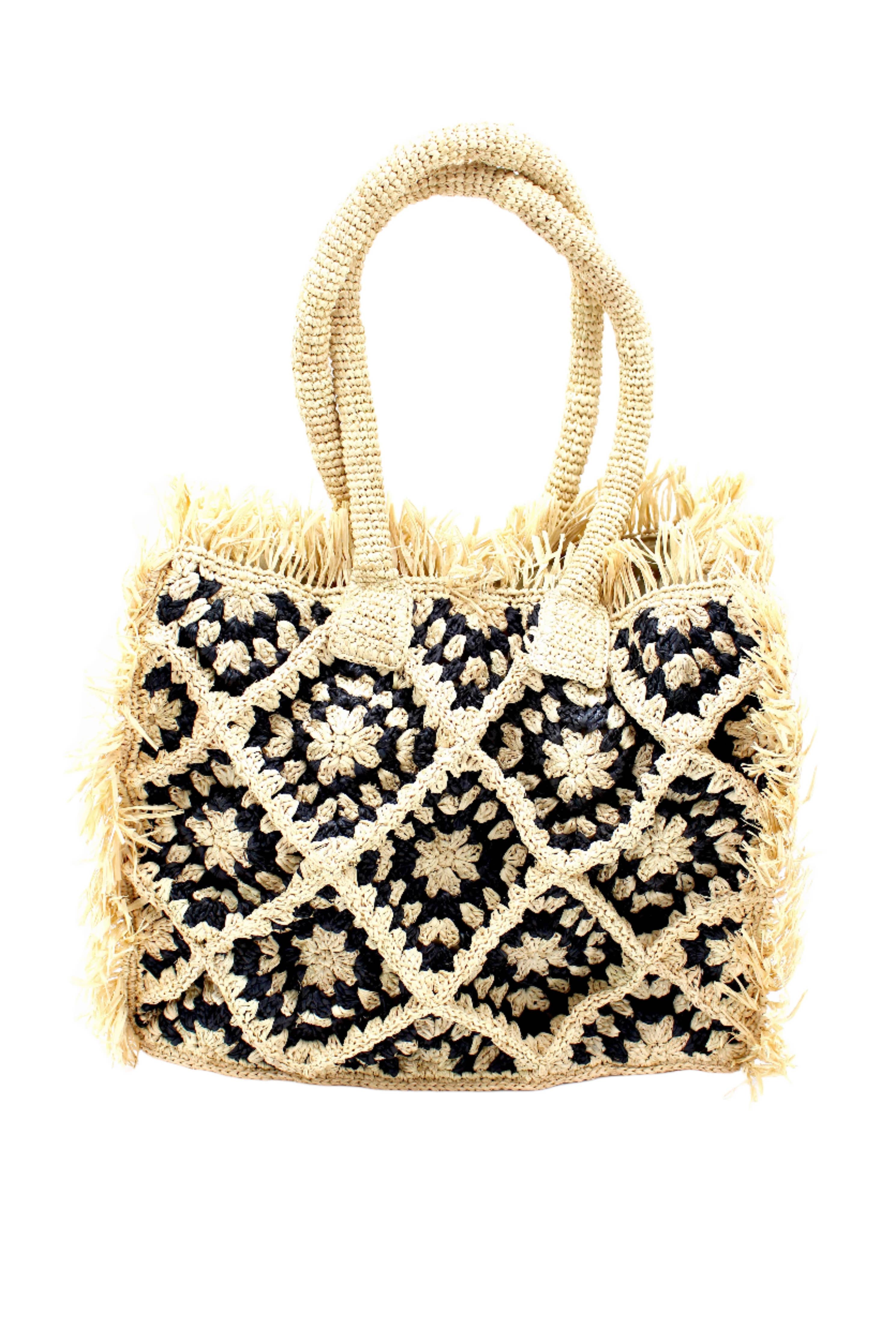 Leo Crochet Granny Square Pattern Handbag with Fringe Edge