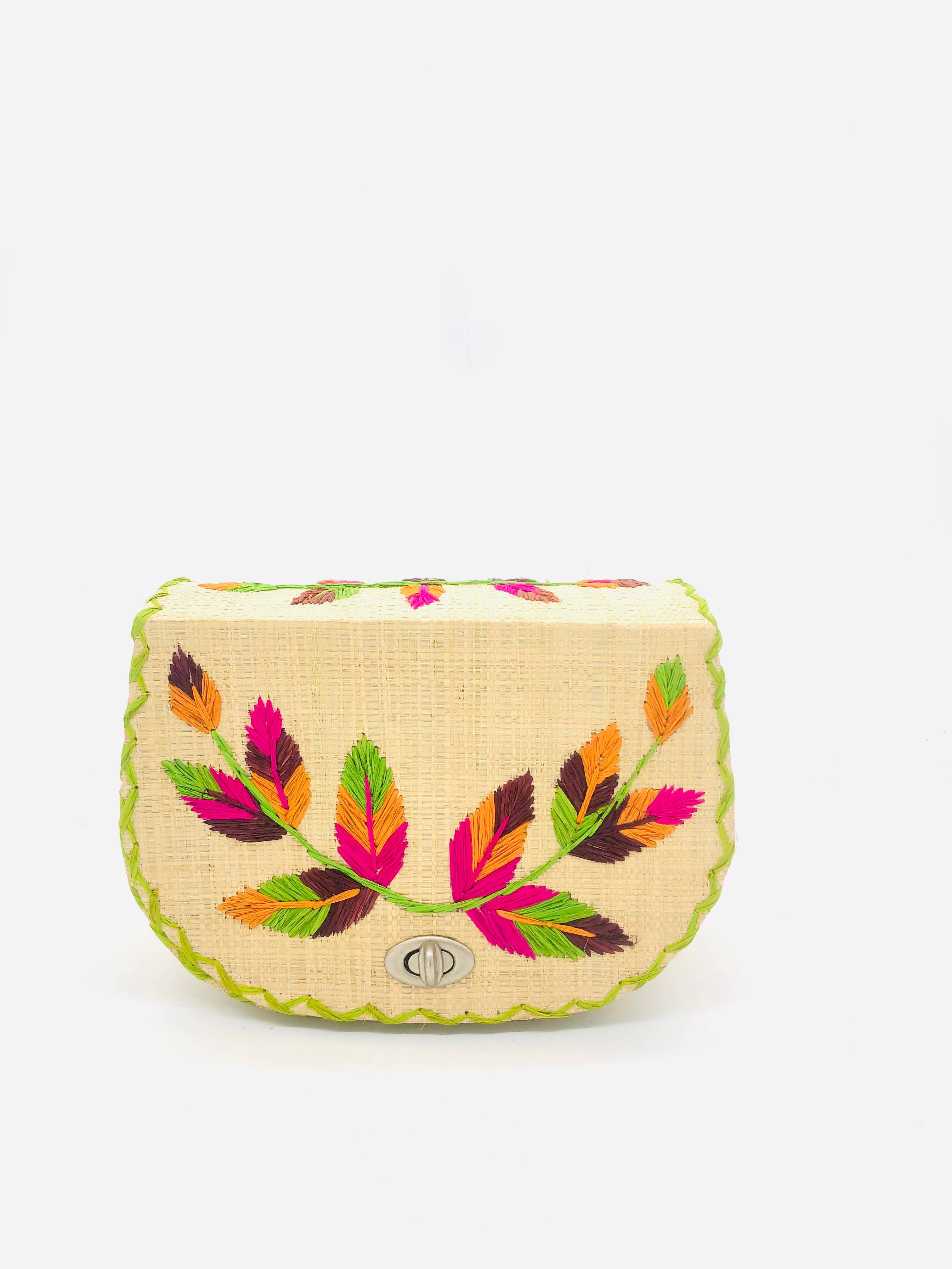 70's Embroidered Vines Straw Crossbody Bag