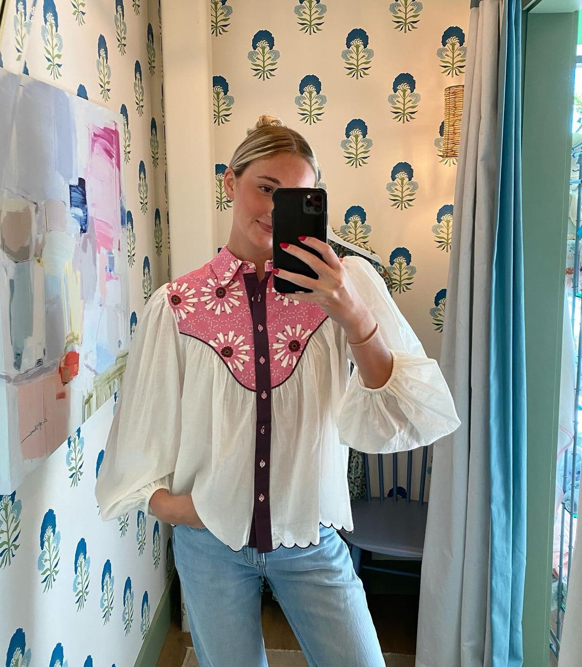 Western Blouse - Embroidered Wildflower Pink