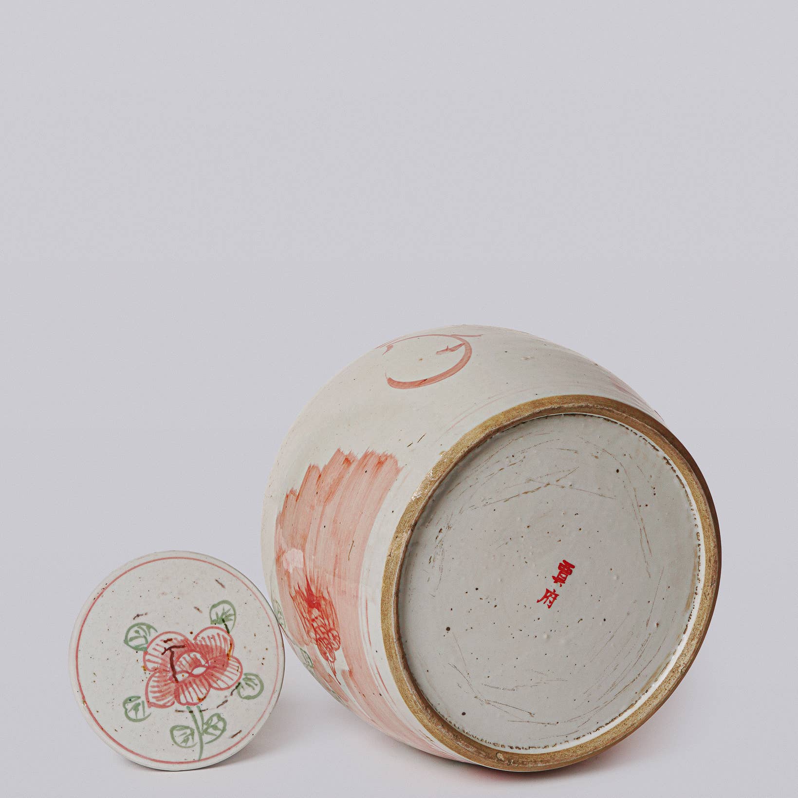 Pink & Green Rustic Porcelain Bird & Flower Med. Lidded Jar