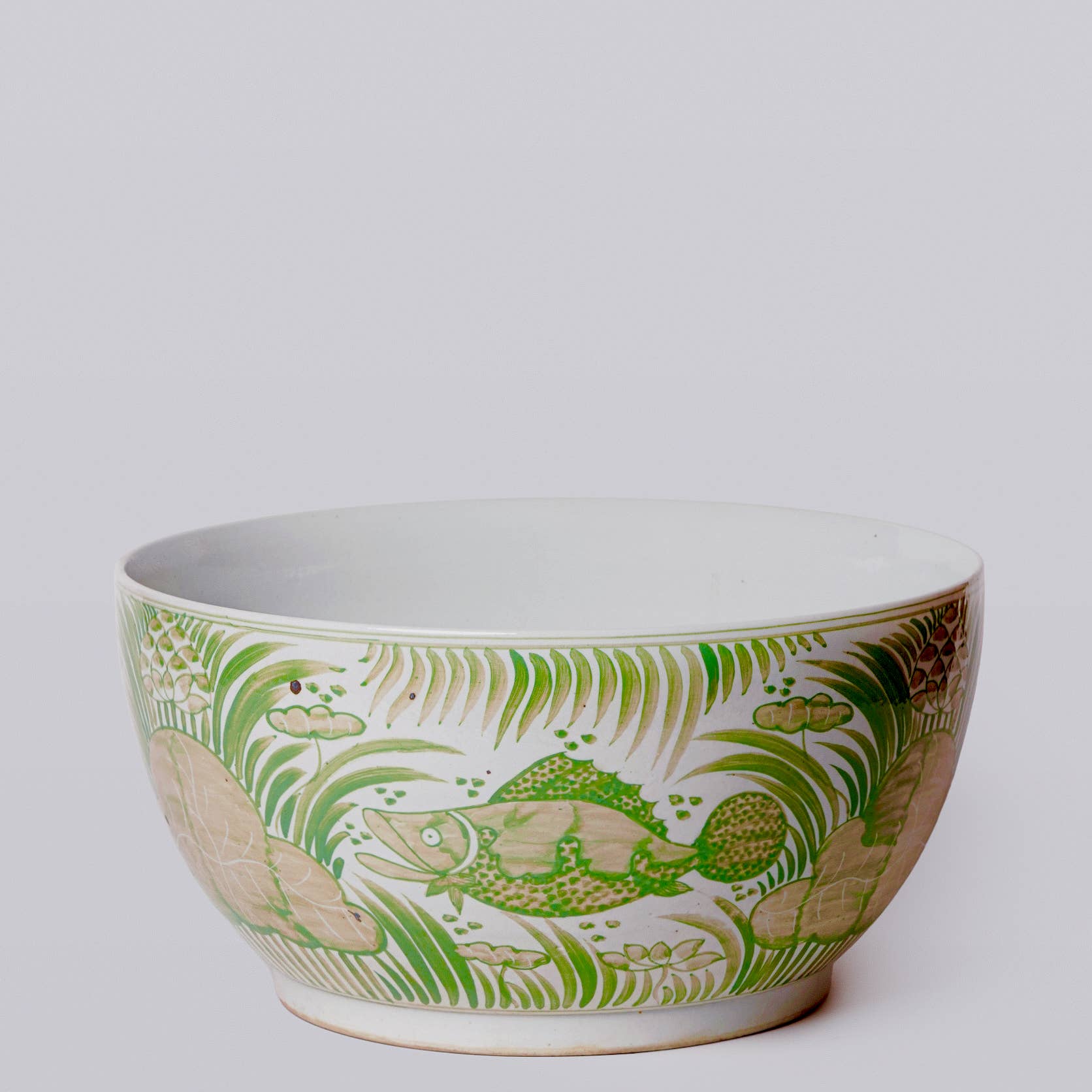 Green and White Porcelain Fish and Lotus Large Bowl