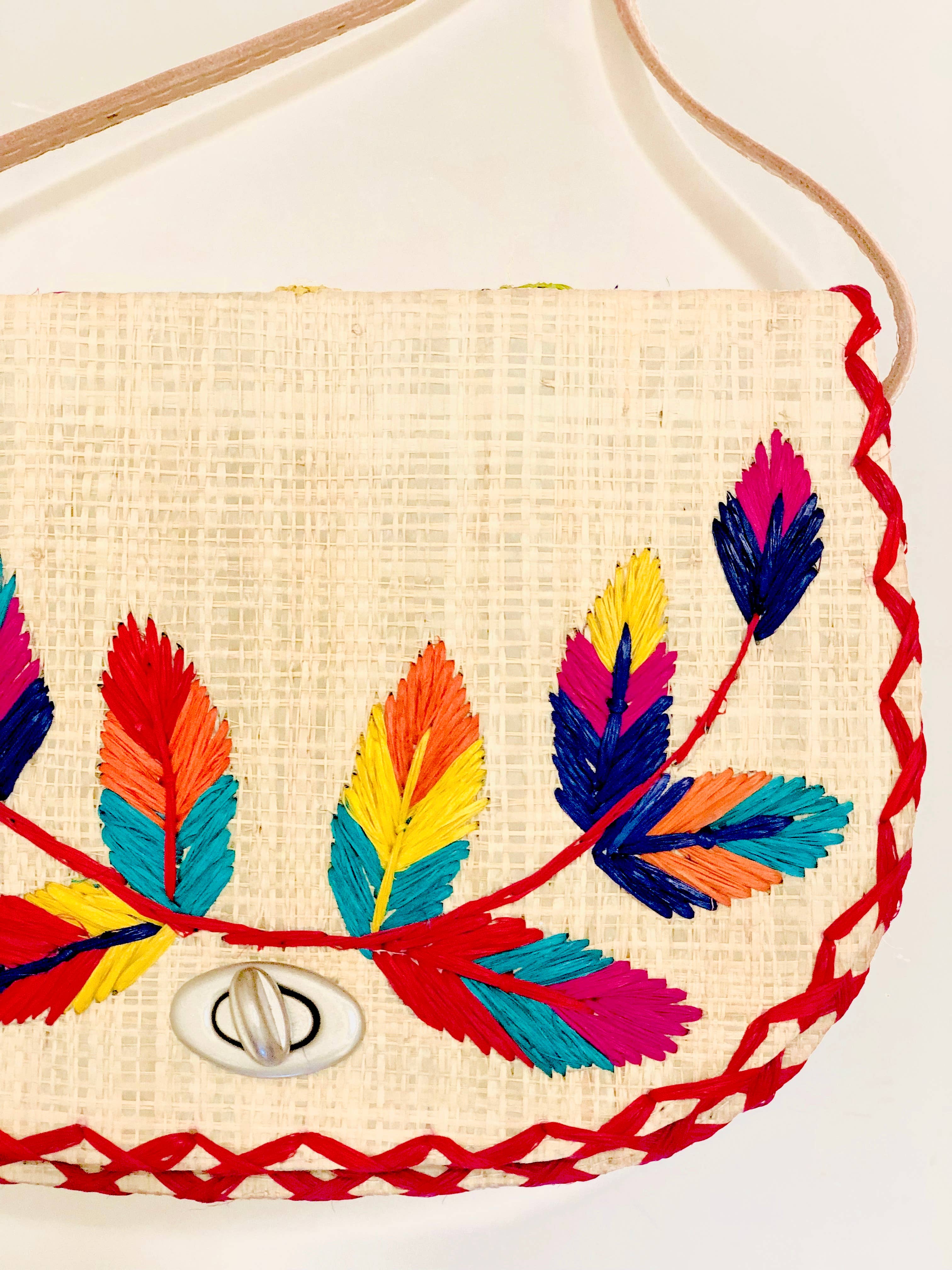70's Embroidered Vines Straw Crossbody Bag