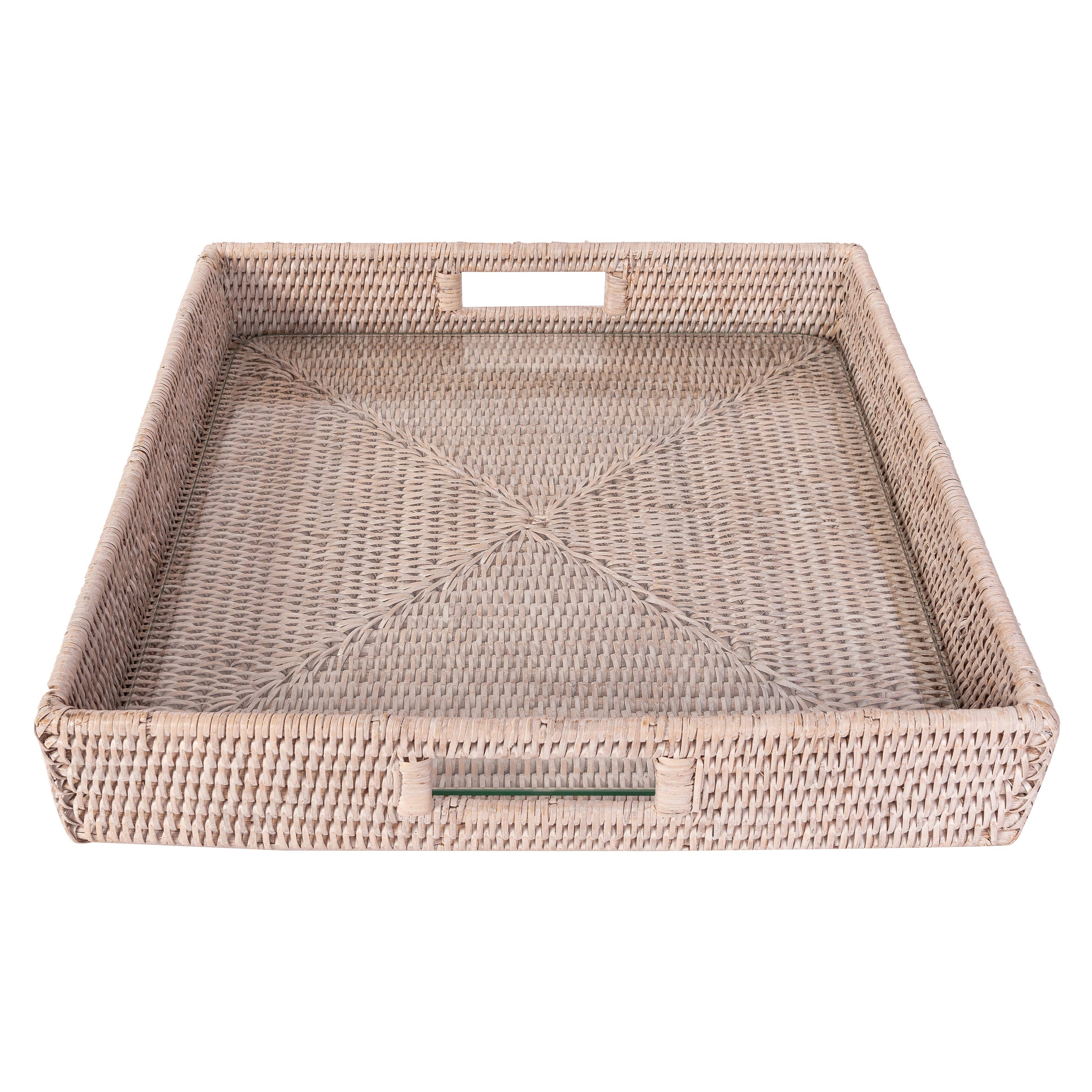 Rattan Square Serving Tray with Glass Insert