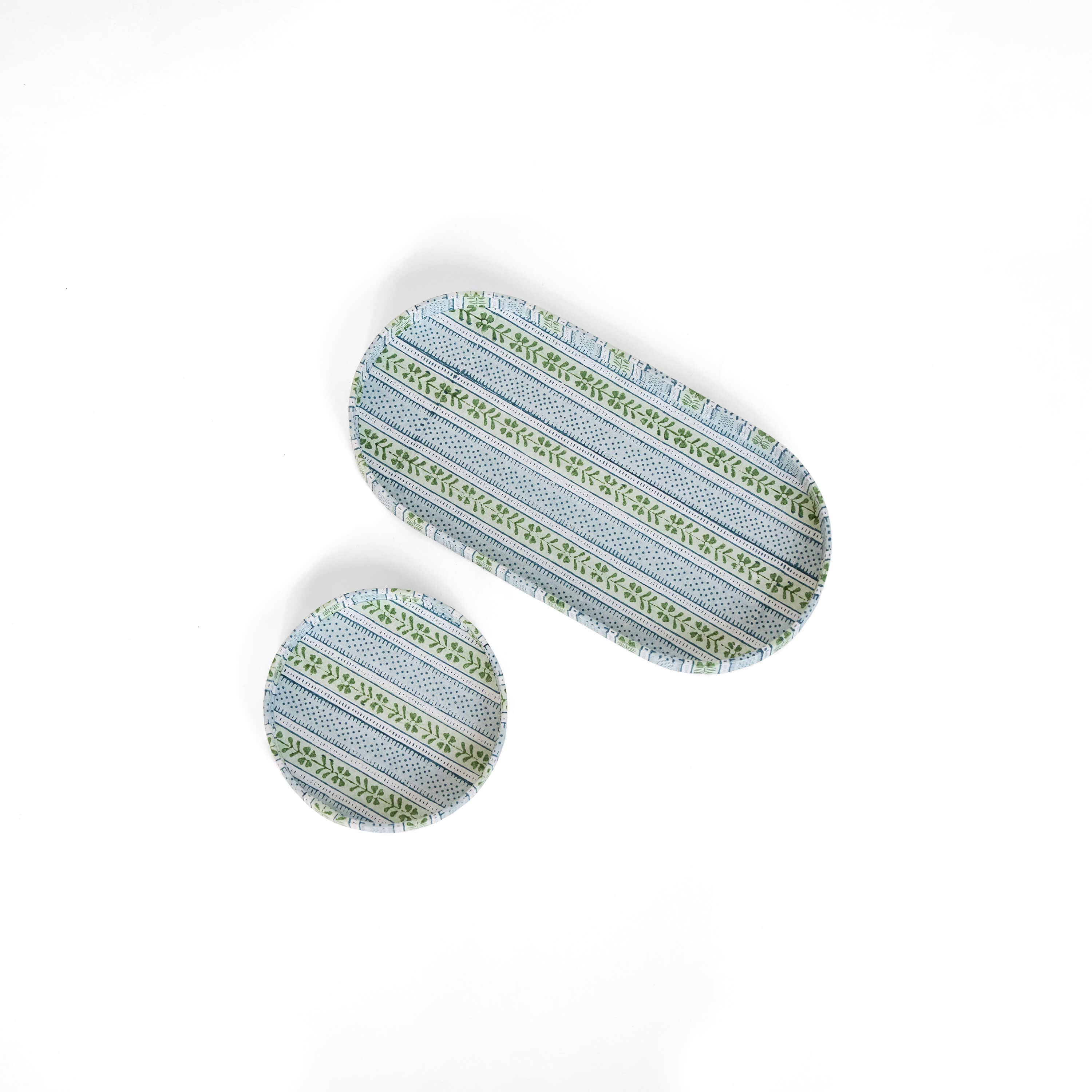 BLOCK-PRINTED ROUND DESK TRAY SET - MINT-SKY RHEA
