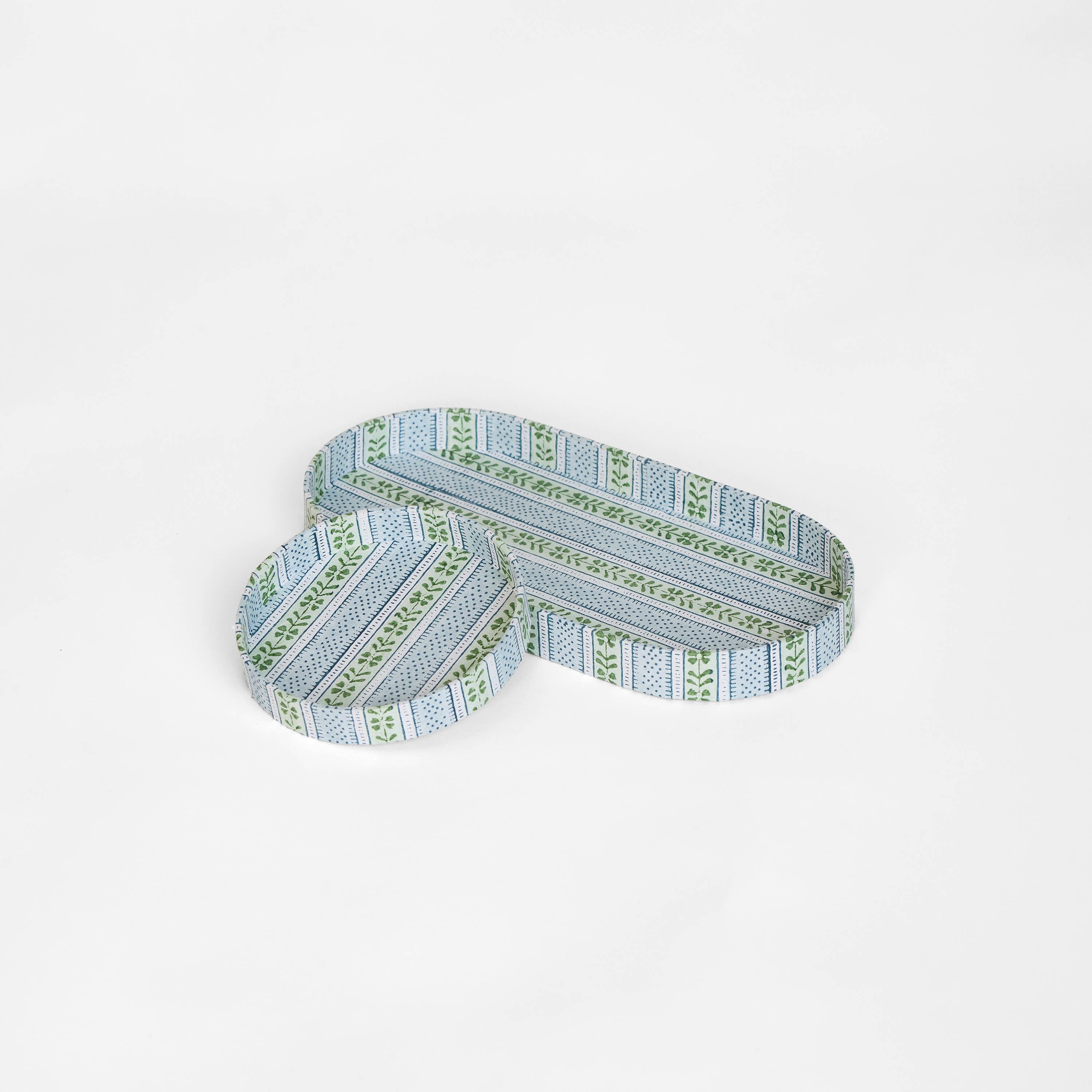 BLOCK-PRINTED ROUND DESK TRAY SET - MINT-SKY RHEA