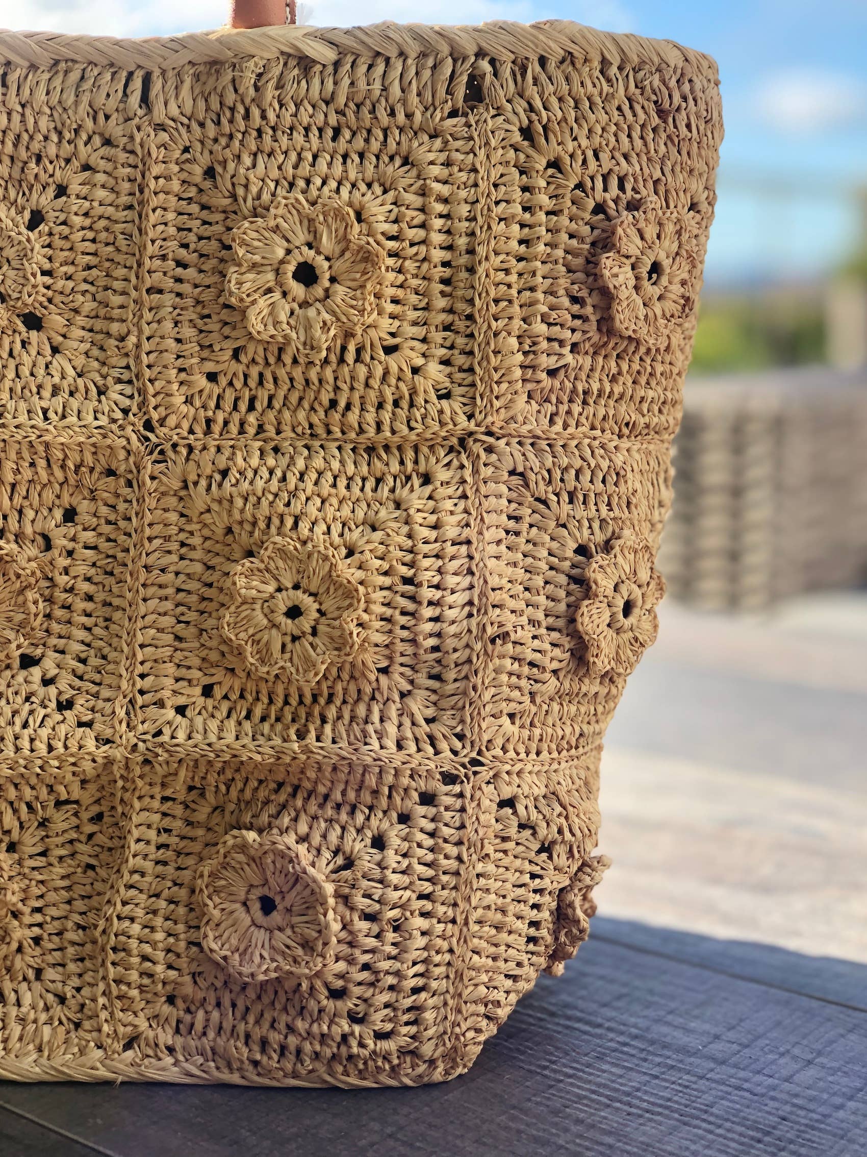 Flower Power Crochet Straw Basket Bag