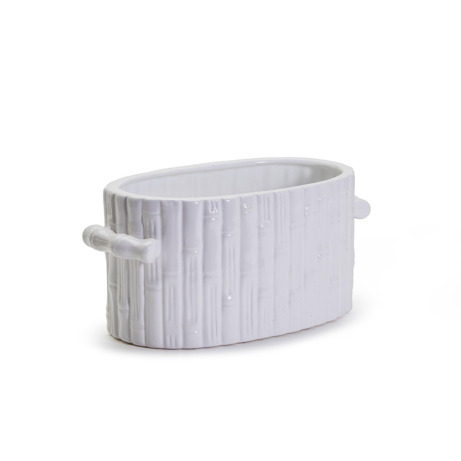 Faux Bamboo Oval Centerpiece / Cachepot with Handles - Ceramic