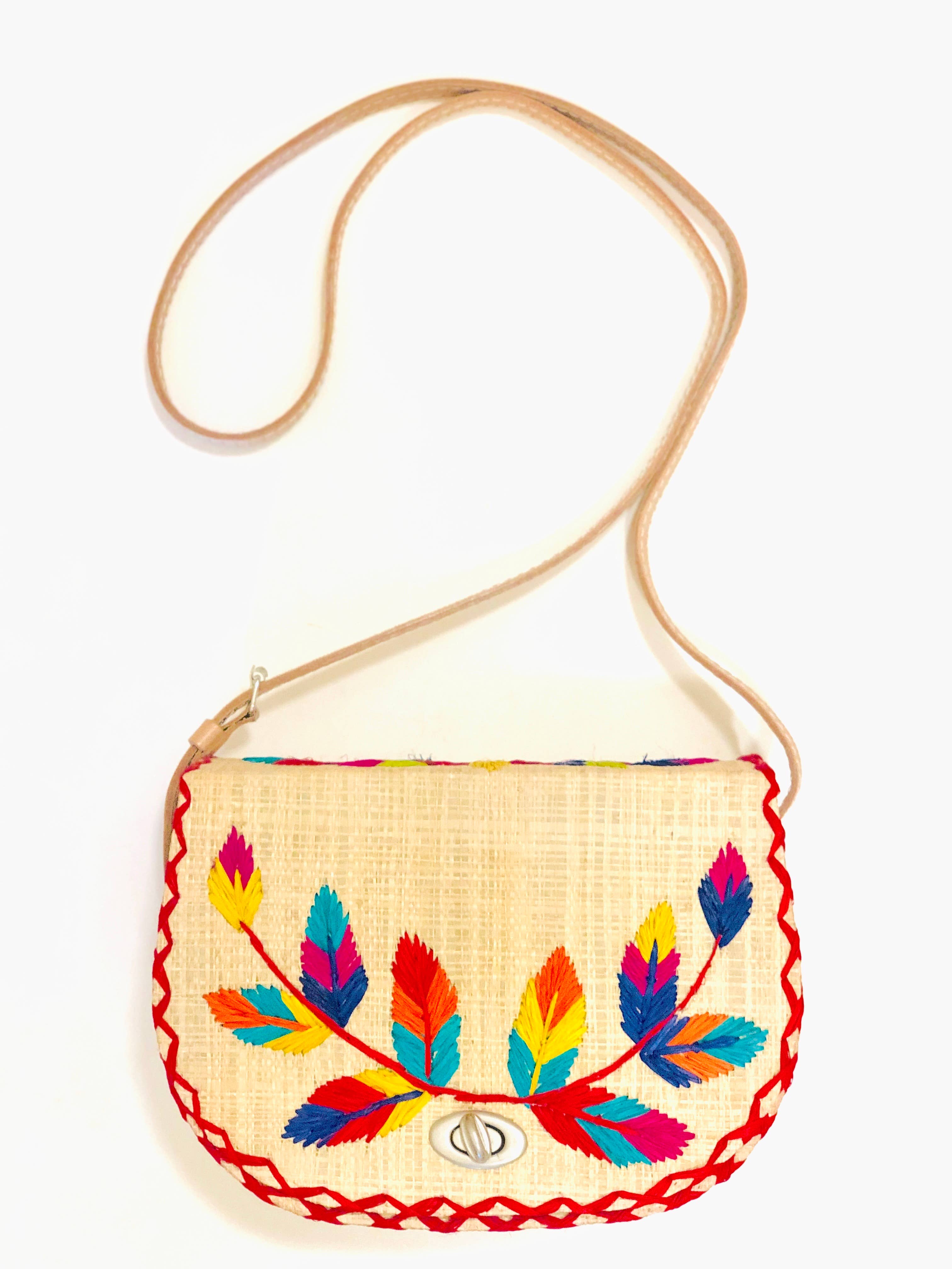 70's Embroidered Vines Straw Crossbody Bag