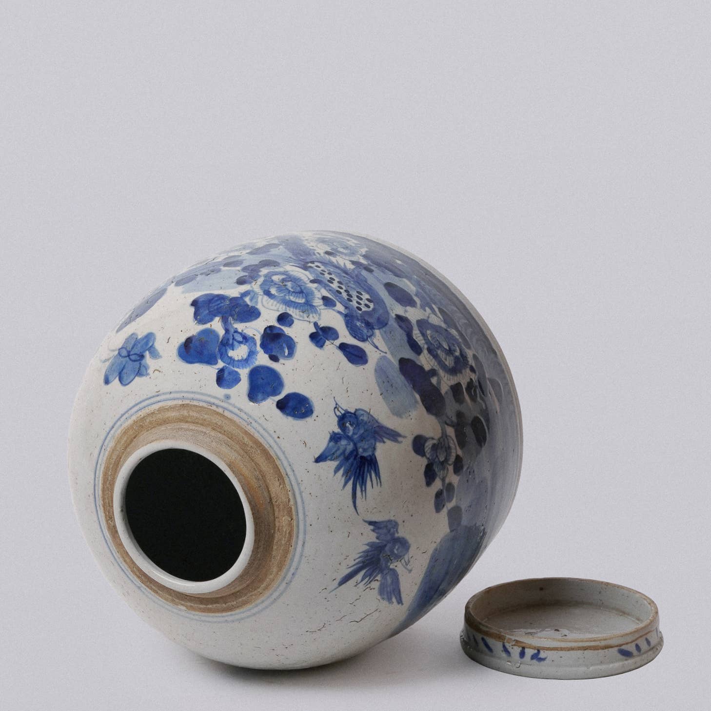 Blue & White Porcelain Bird & Flower Large Round Storage Jar