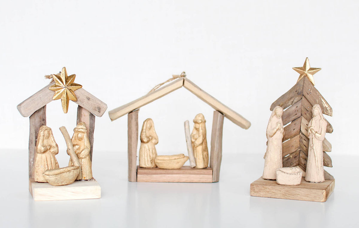 4.5" x 7" Driftwood Holy Family House Ornament (Nat/Gold)