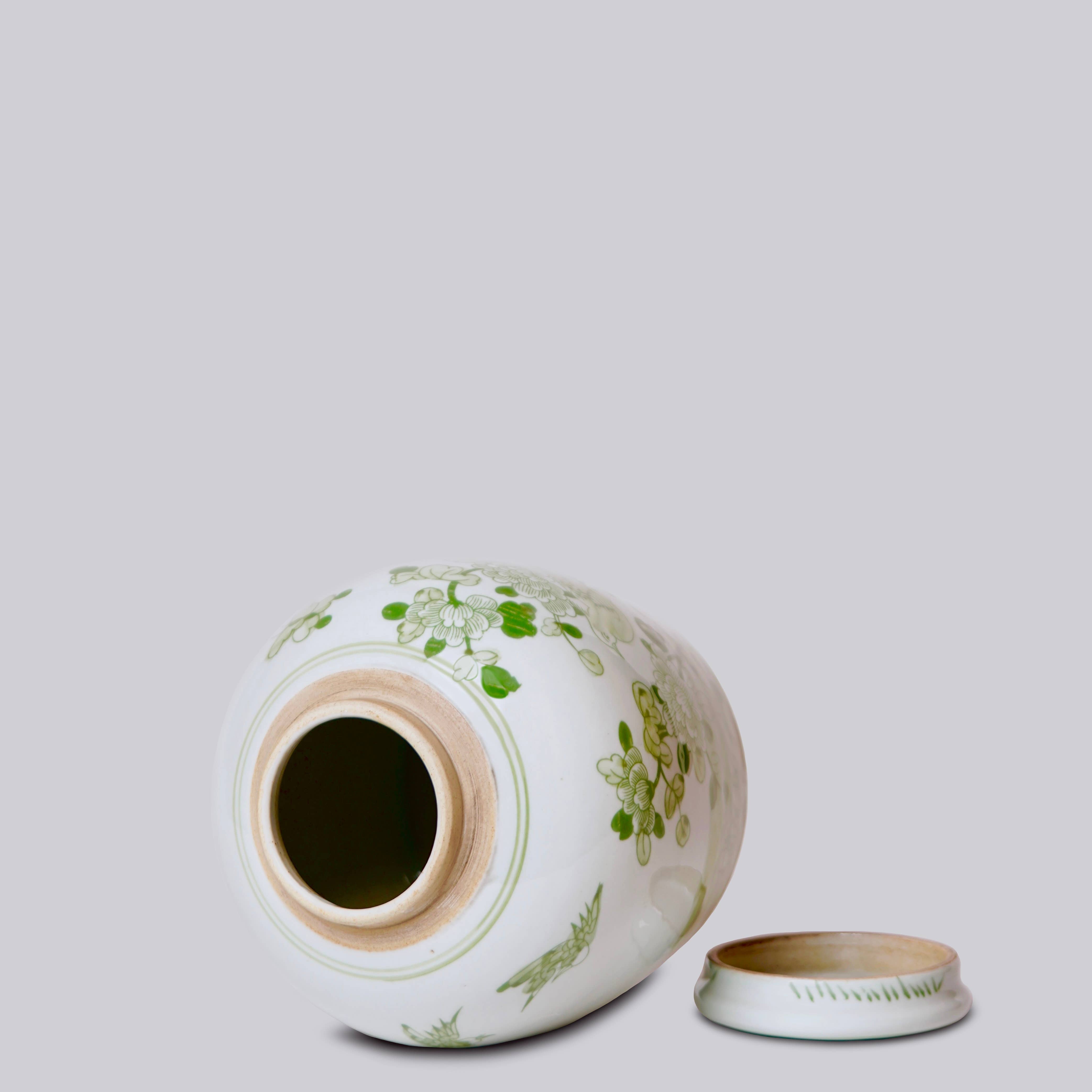 Bird & Flower Green and White Porcelain Jar