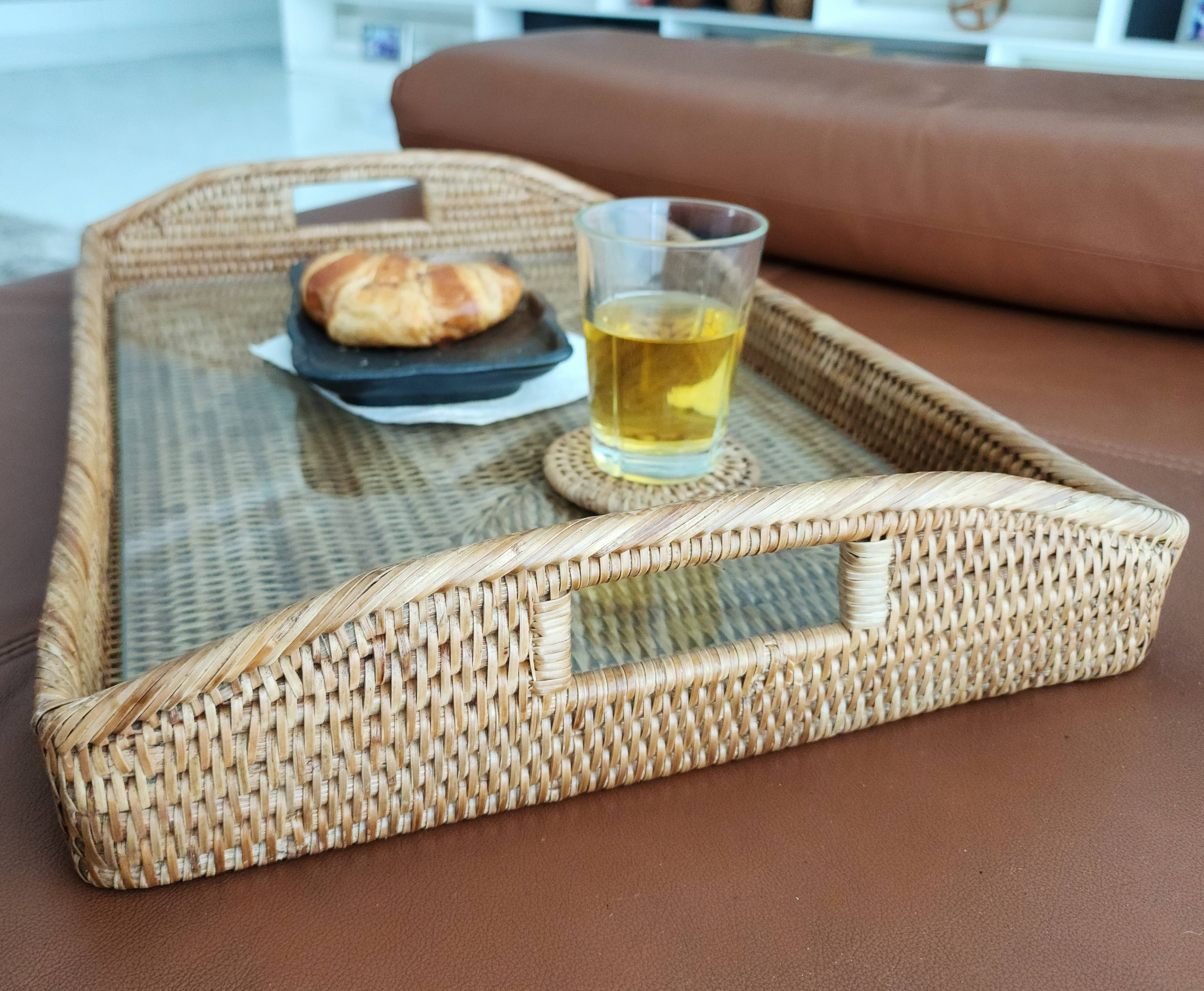 Rattan Rectangular Serving Tray with Glass Insert