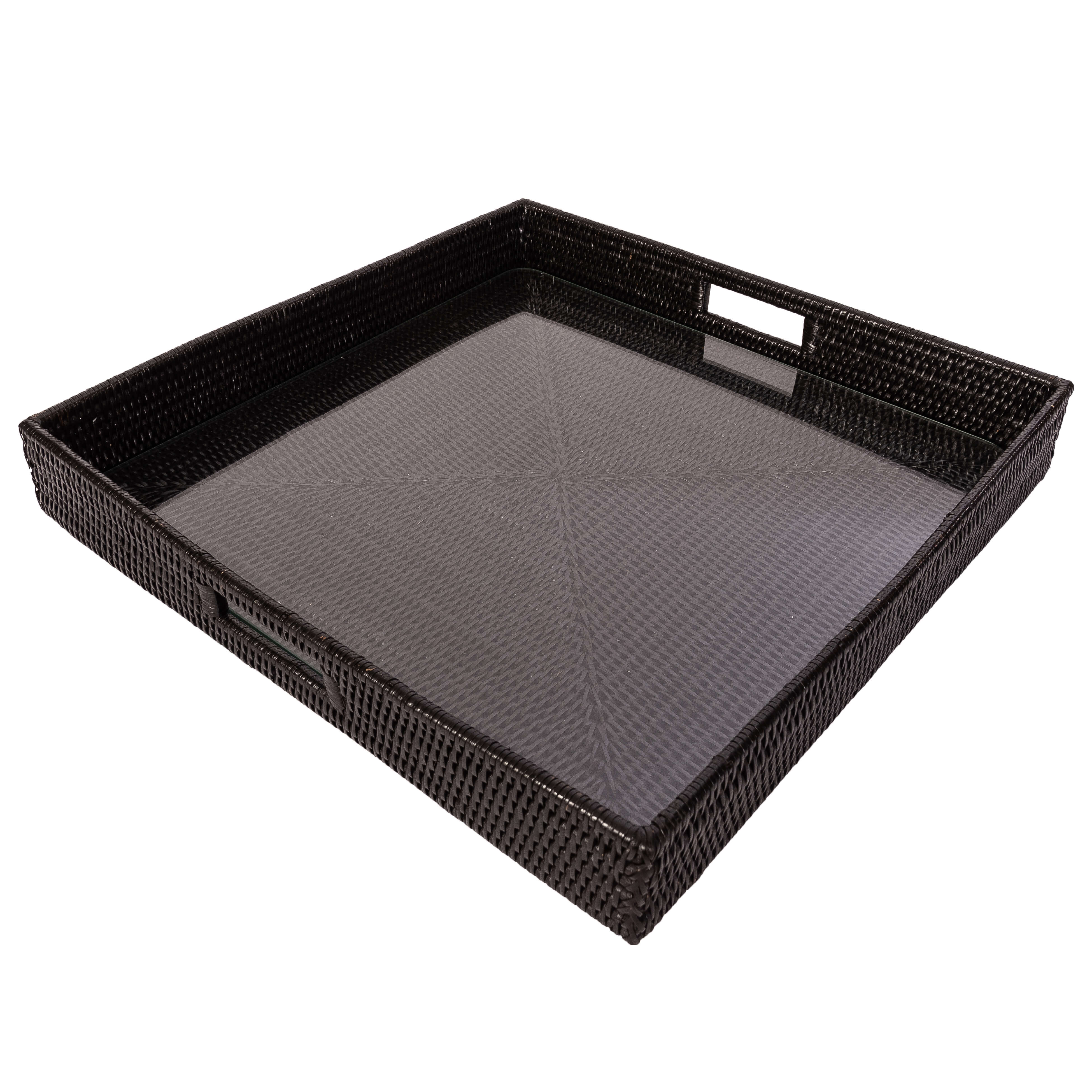 Rattan Square Serving Tray with Glass Insert