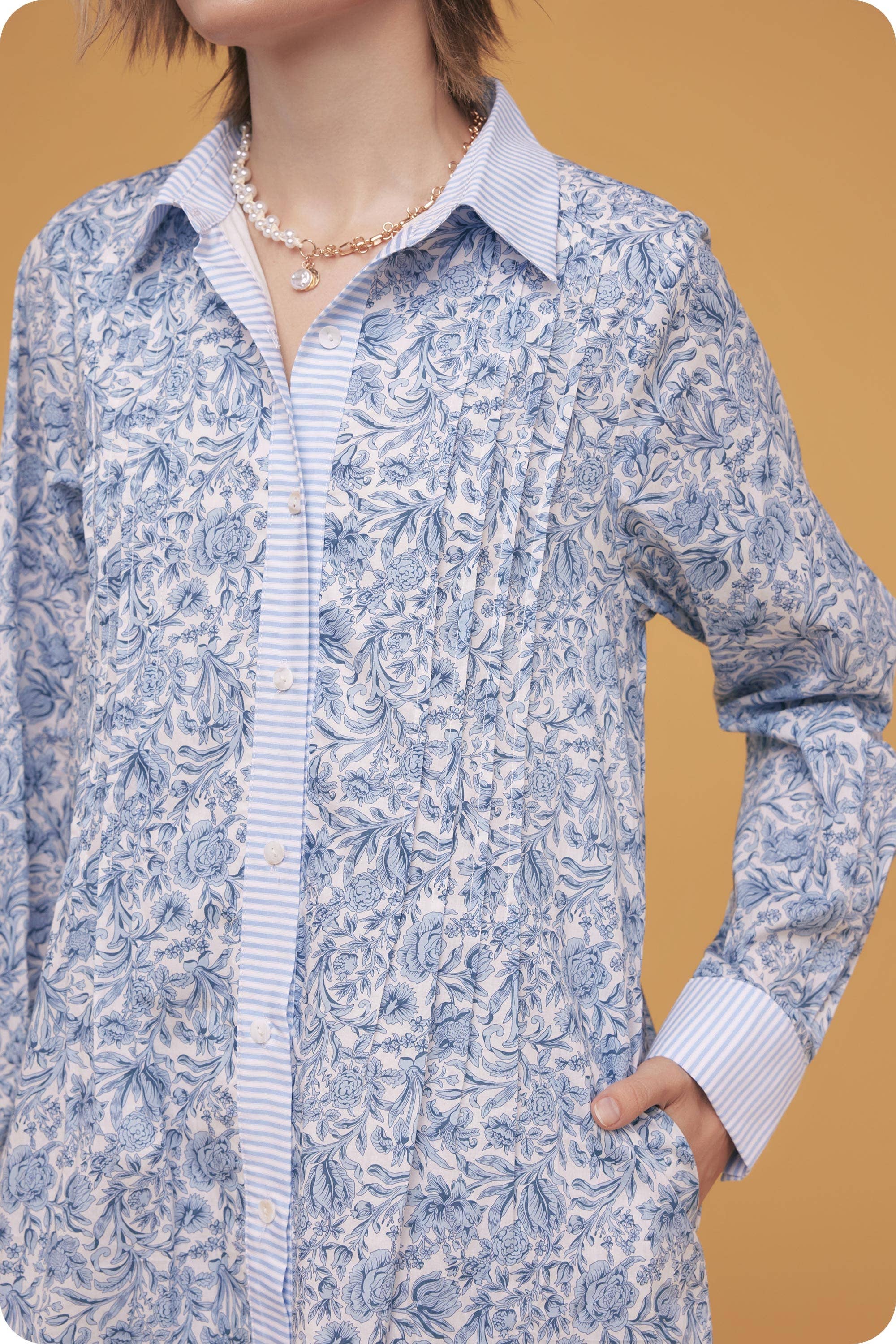 Floral Print Stripe Contrast Shirt Mini Dress