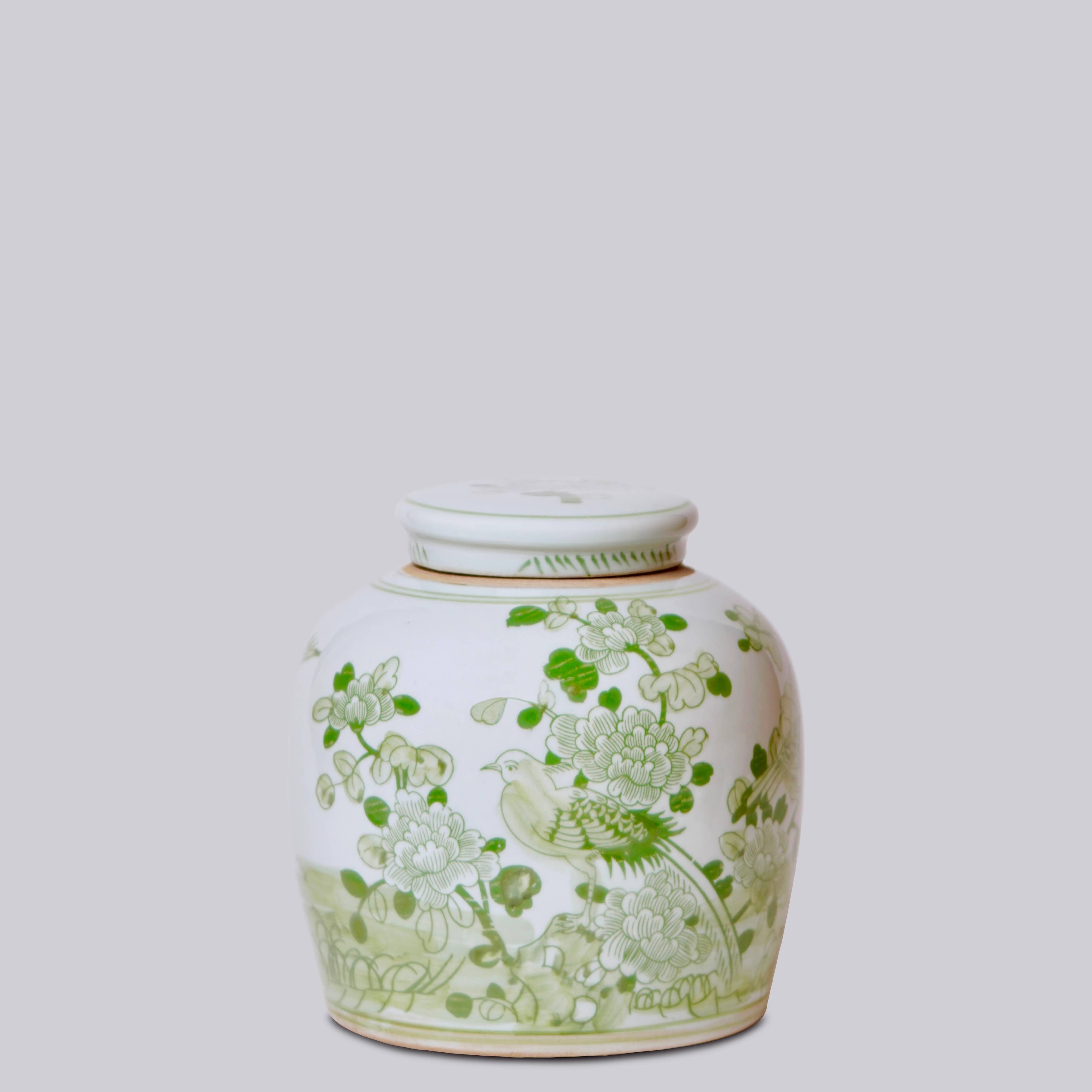 Bird & Flower Green and White Porcelain Jar