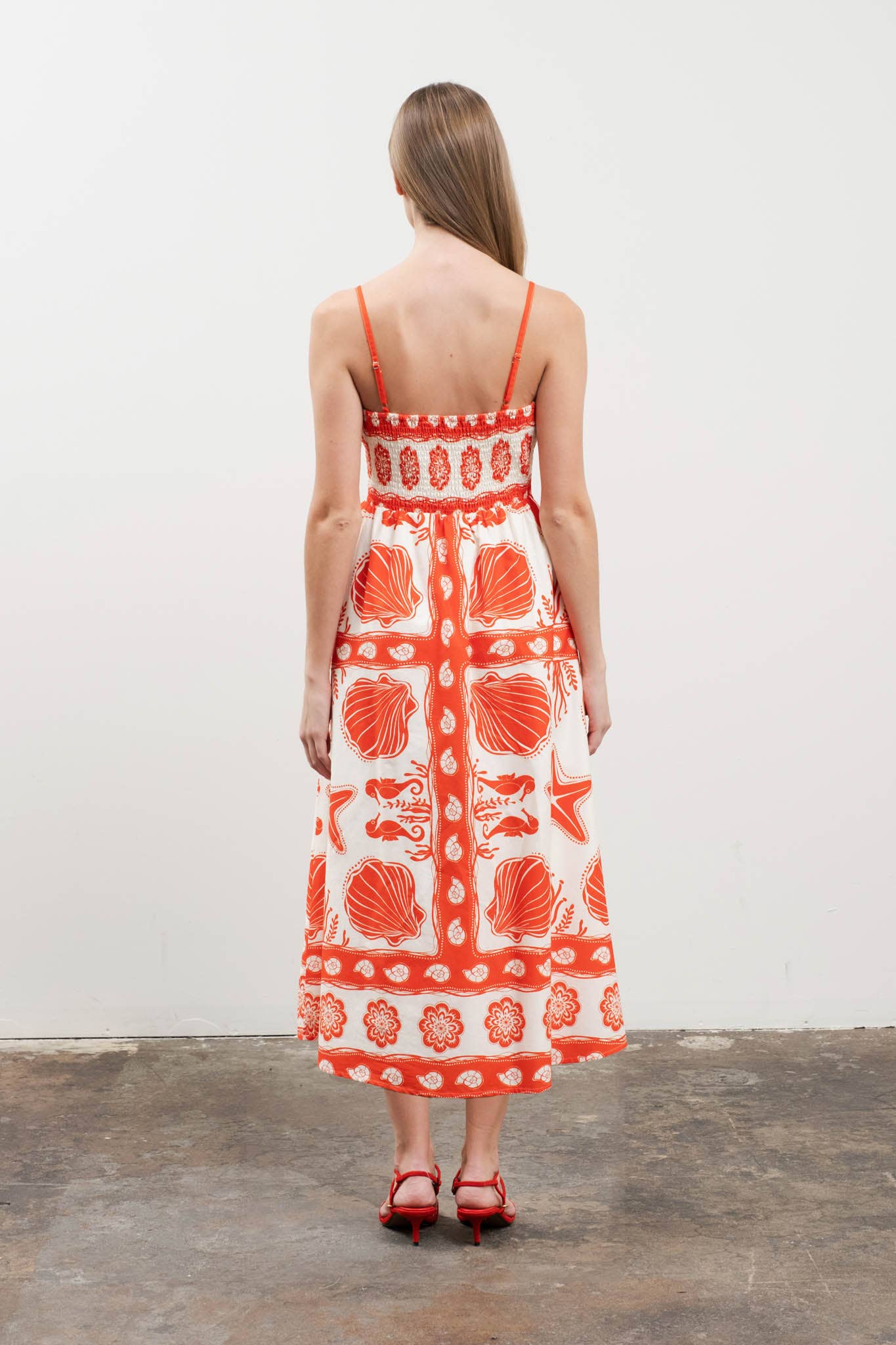 SEA PRINT SCALLOP DETAIL MIDI DRESS