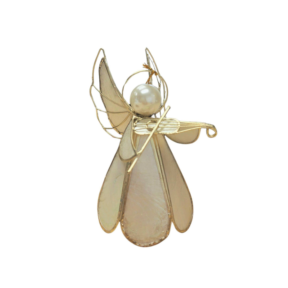 4.25" Small Capiz Angel w/Violin Ornament (Nat/Gold)
