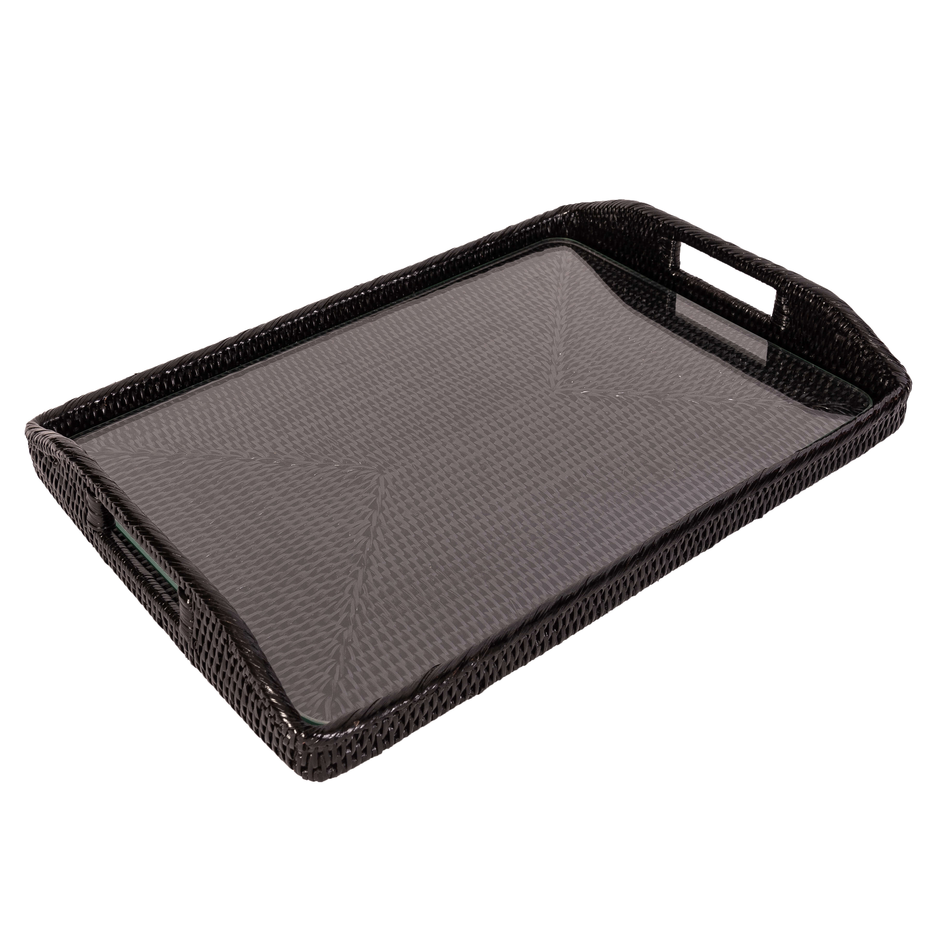 Rattan Rectangular Serving Tray with Glass Insert