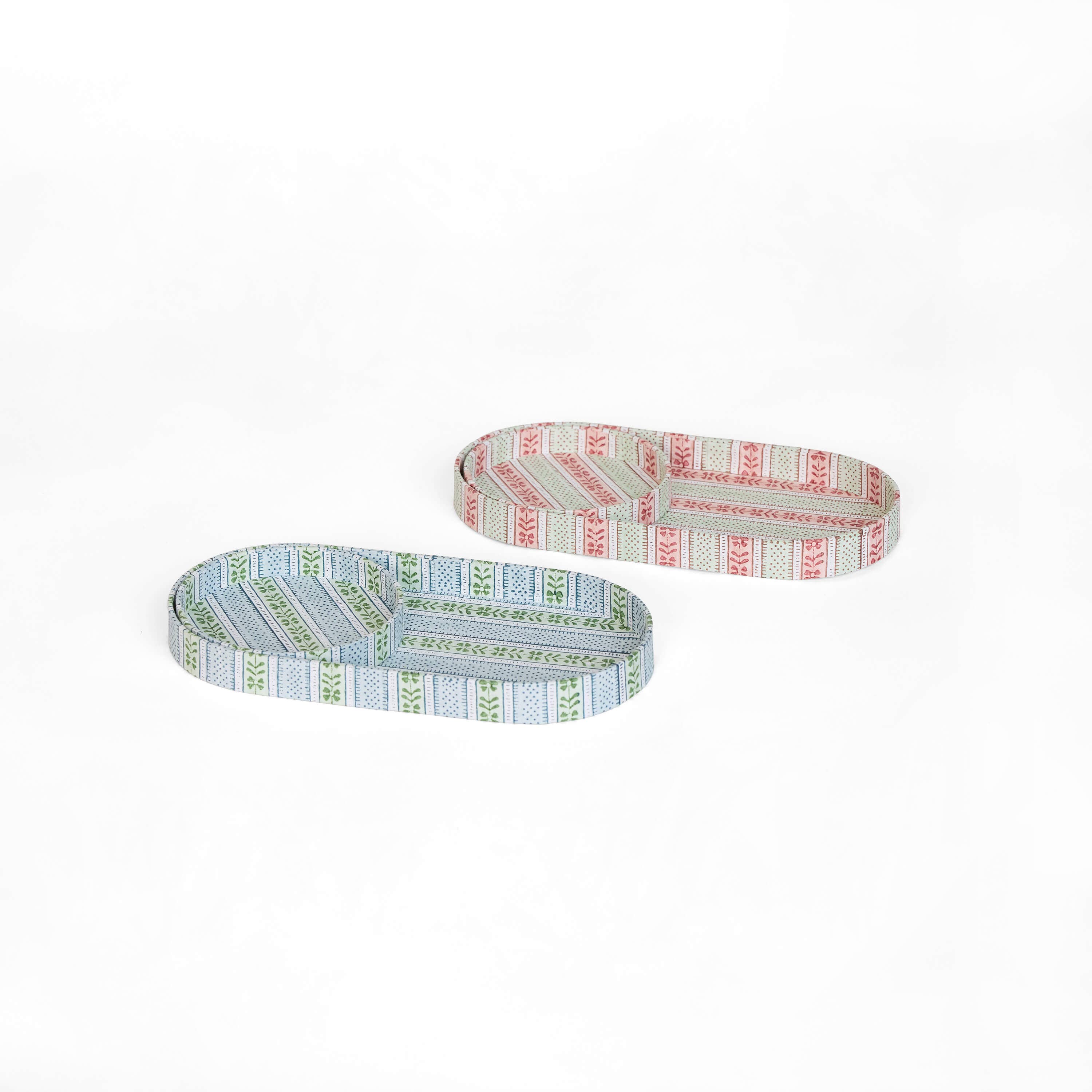 BLOCK-PRINTED ROUND DESK TRAY SET - MINT-SKY RHEA