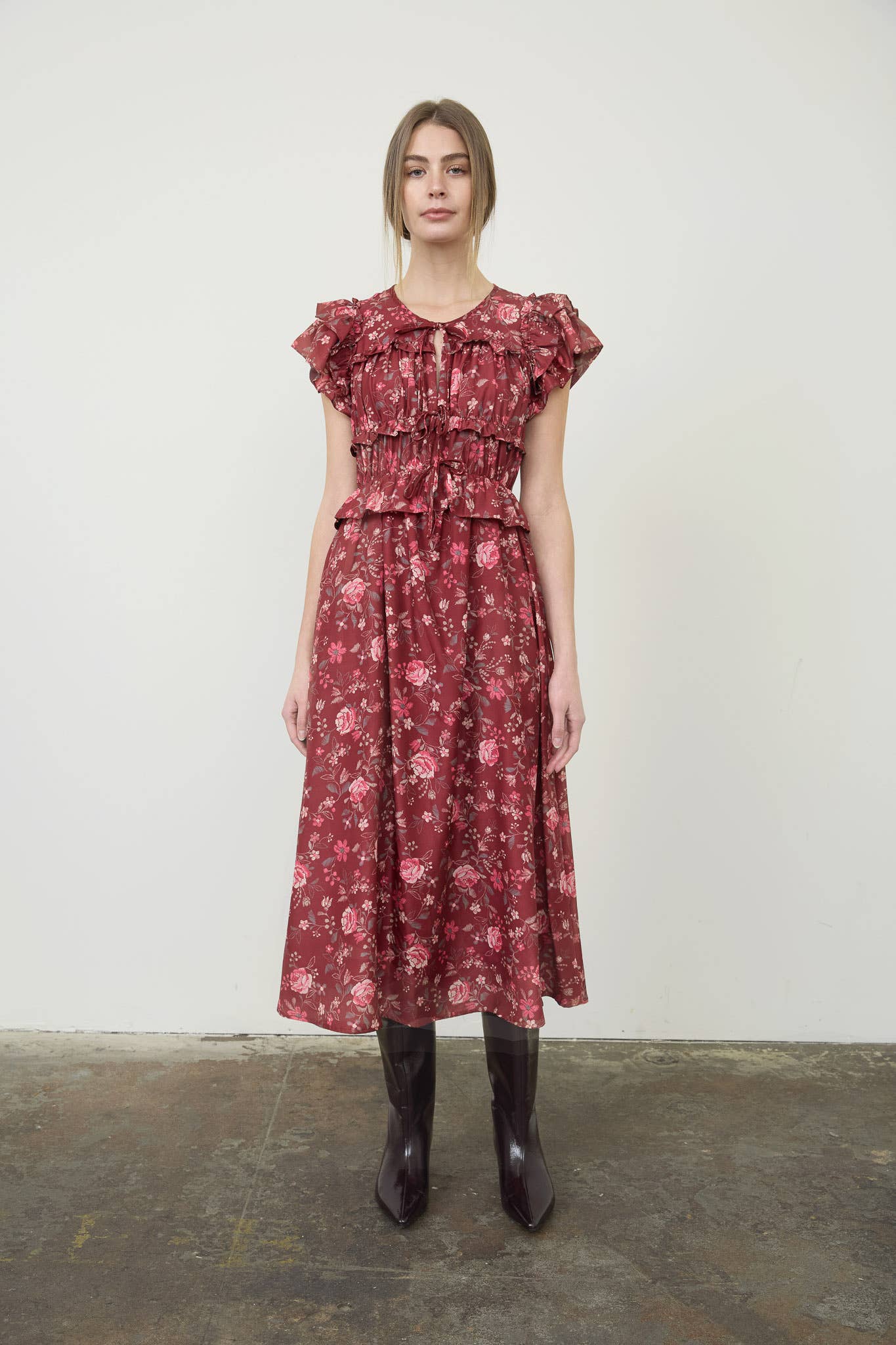 RUFFLE DETAIL MIDI DRESS