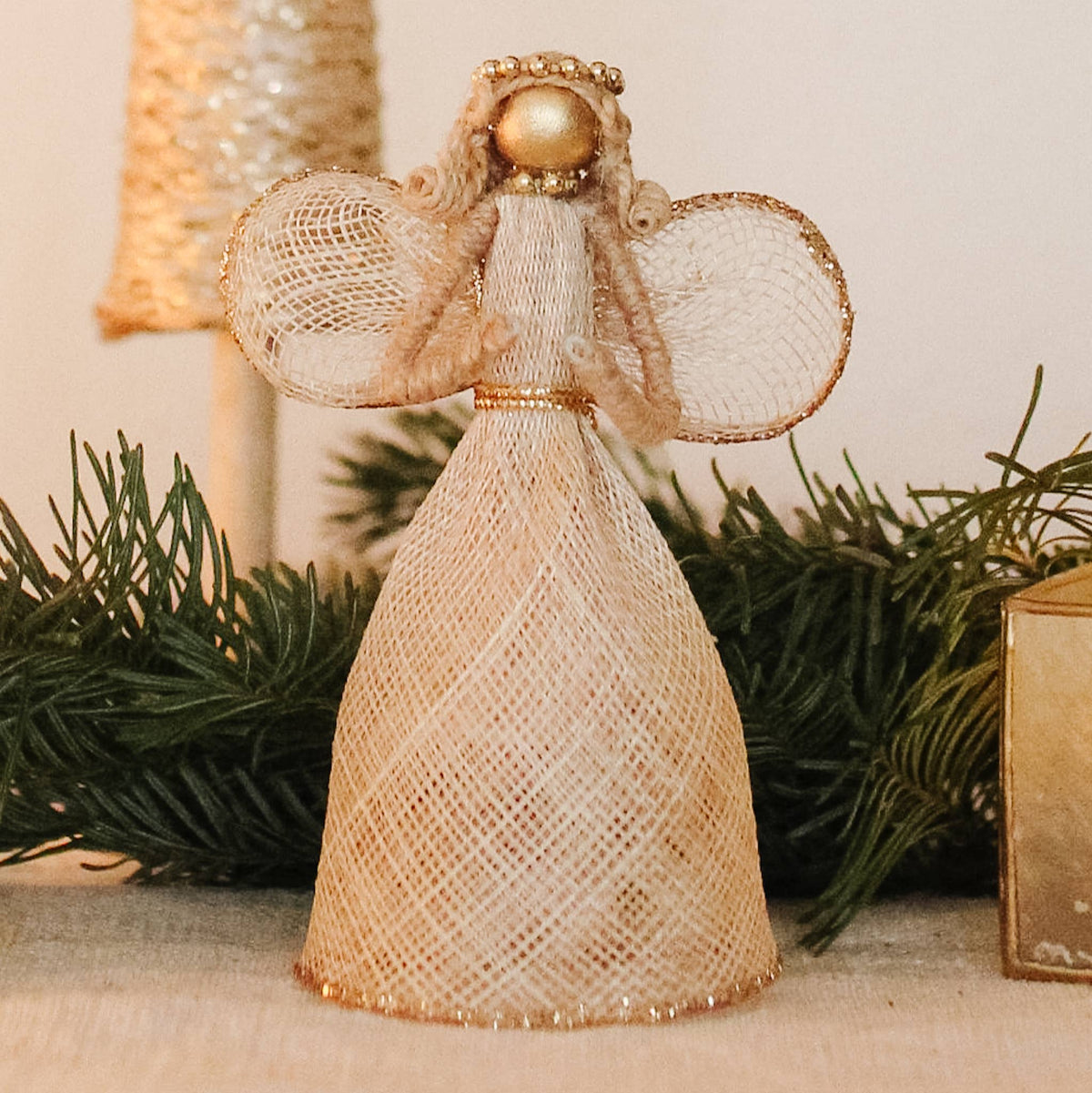 14" Sinamay Angel Tree Topper w/Glittered Edges (Nat/Gold)