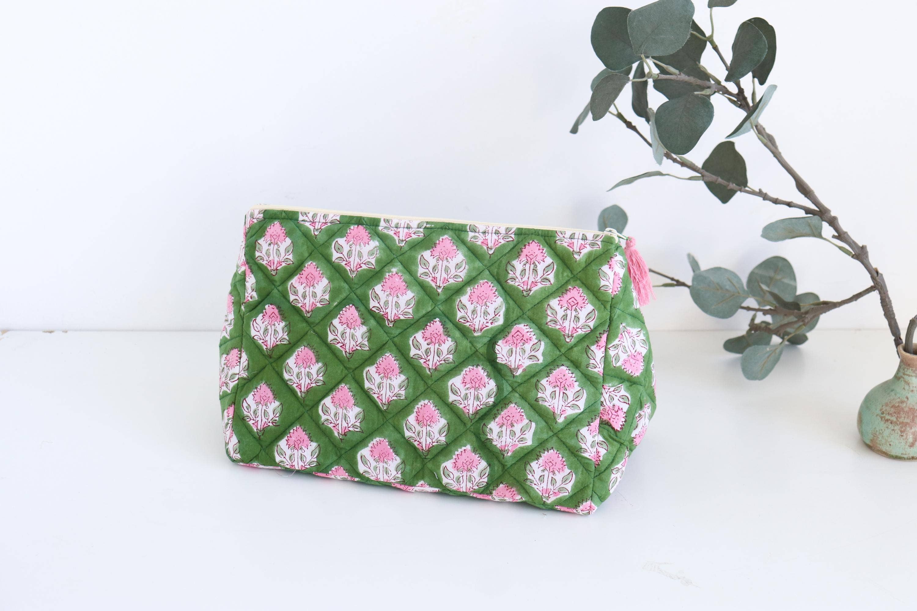 Boho Cotton Triangle Pouch- Pink and Green Floral
