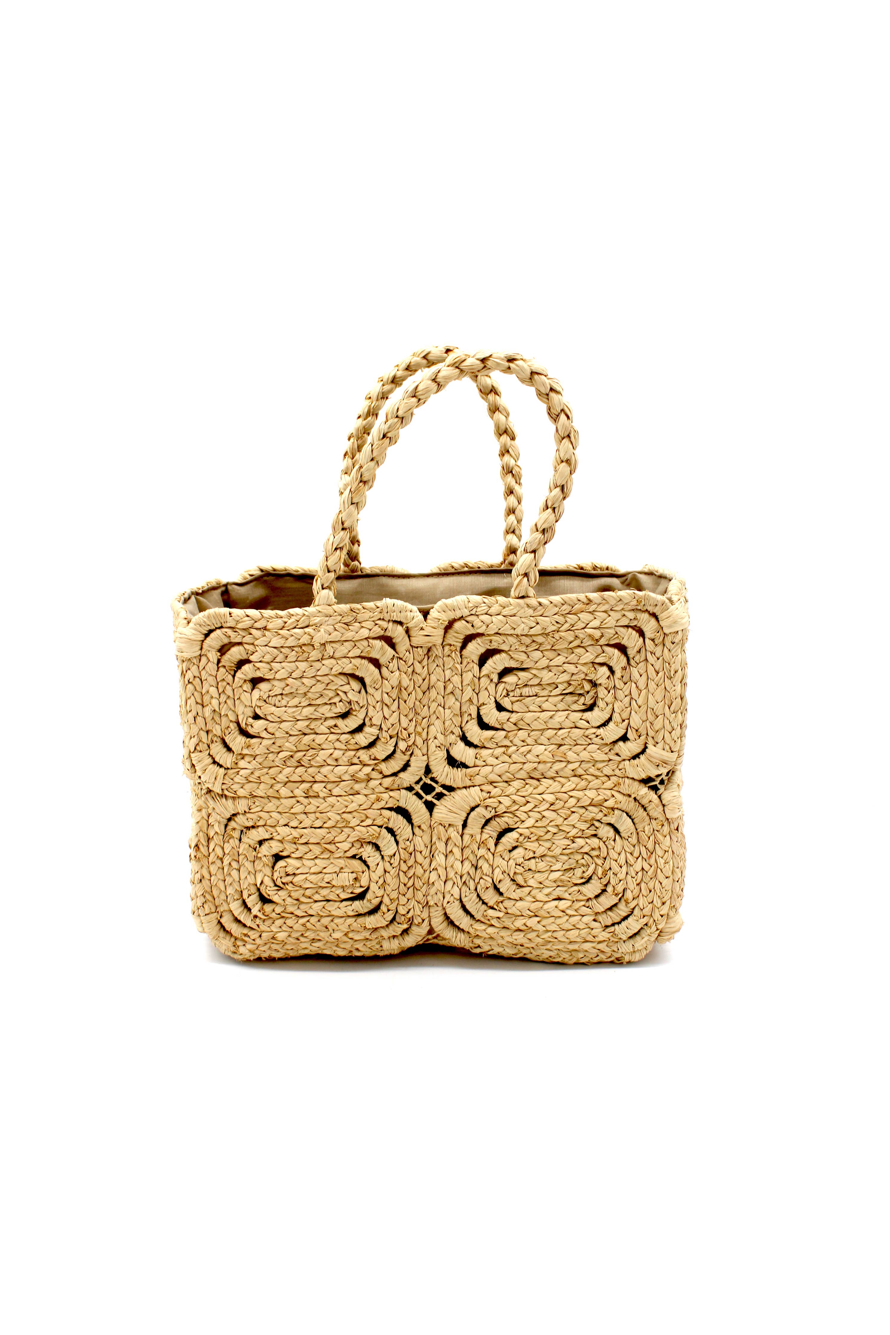 Gemma Crochet Disc Rectangle Straw Basket Handbag