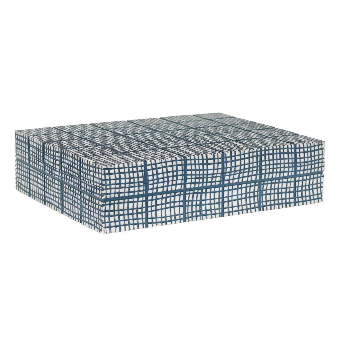 Abstract Grid Decorative Box 12"W Blue and White Ivory